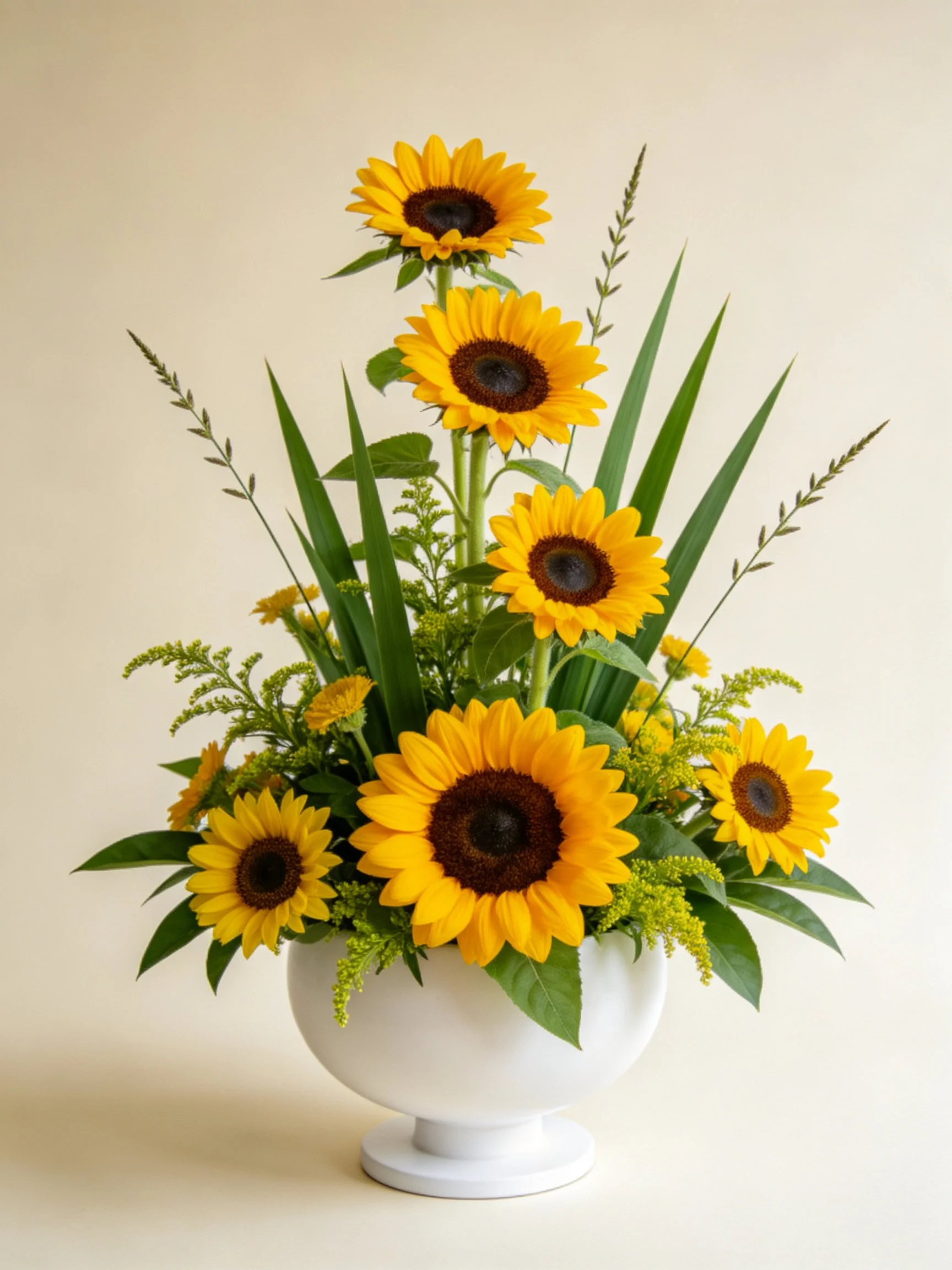 Sunflower bouquet with greenery in white ceramic vase