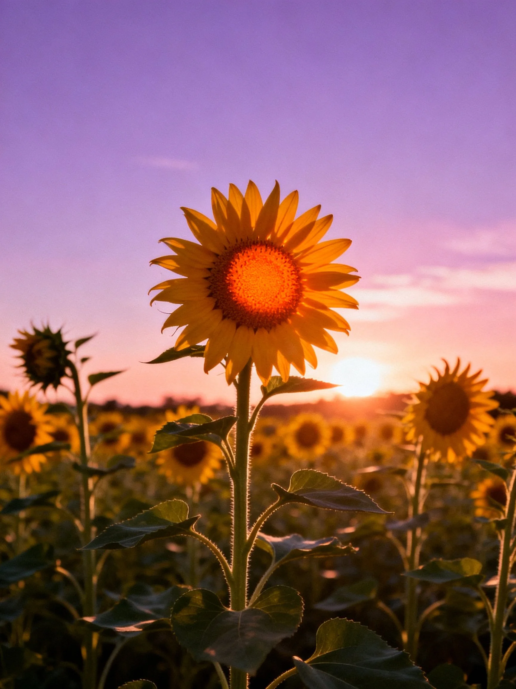 Sunflower field at sunset with purple sky and golden blooms