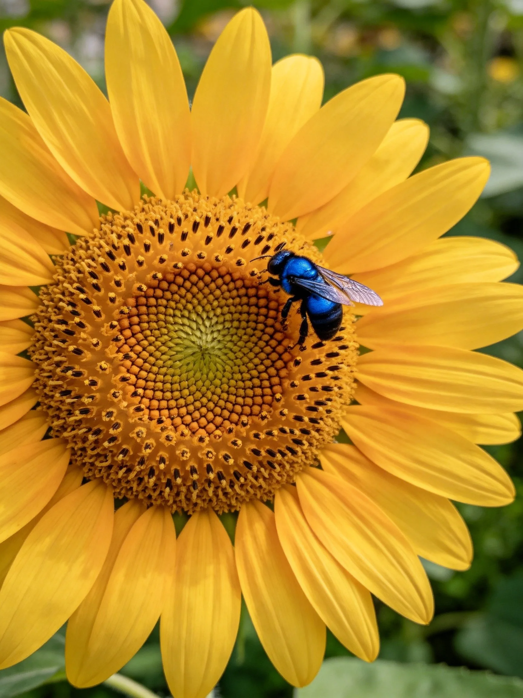Sunflower with bright yellow petals and a shiny blue bee