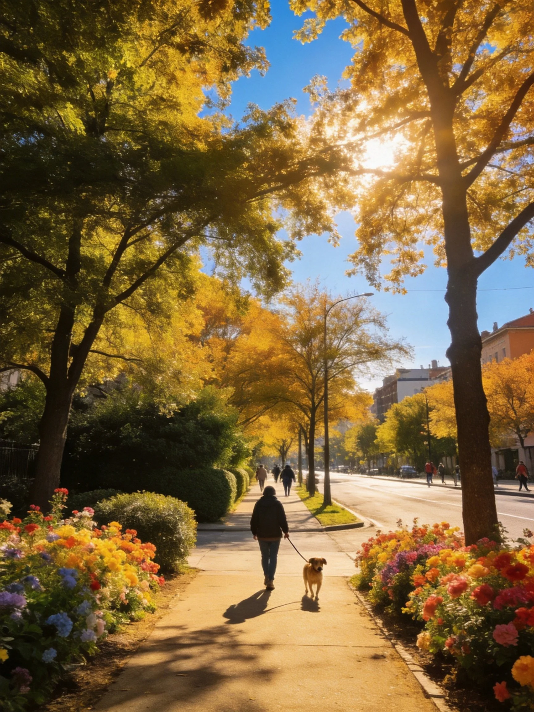 Sunlit autumn street with golden trees and colorful flower beds