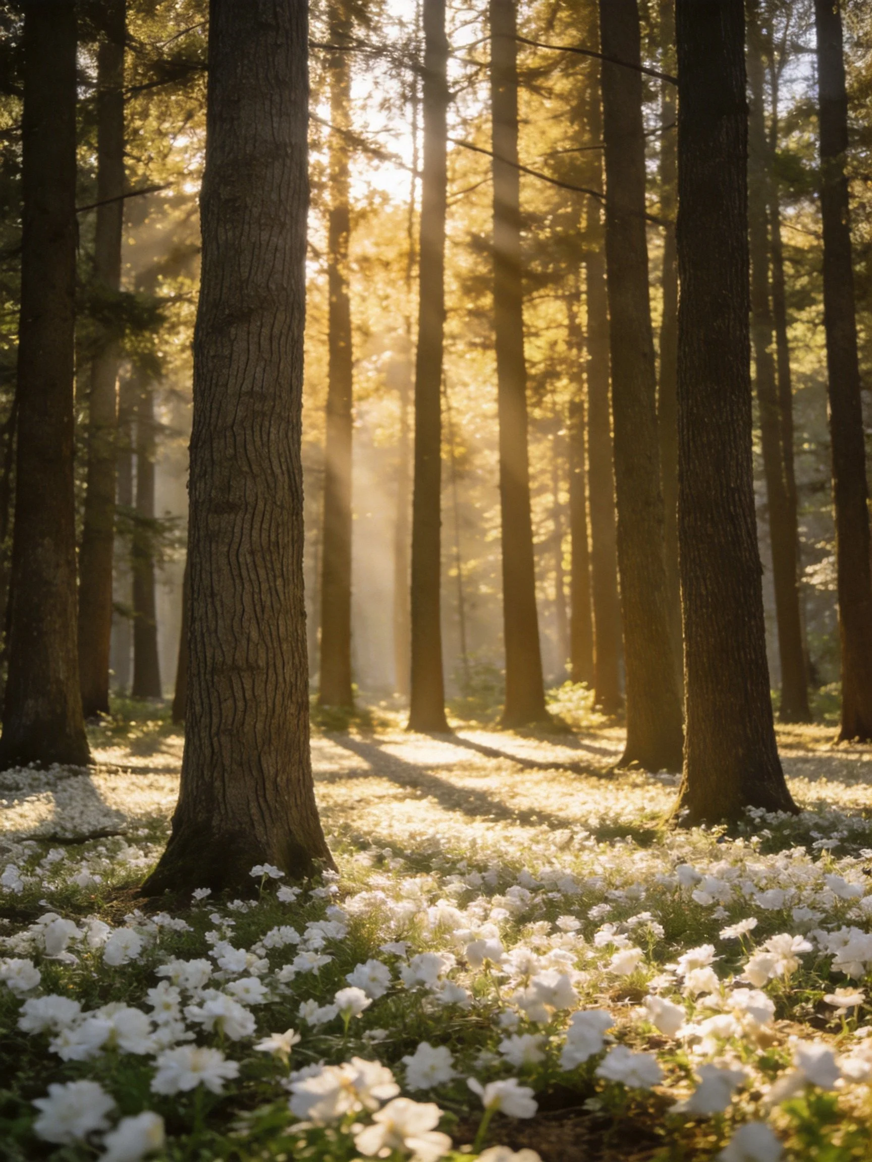 Sunlit forest with tall dark trees and white flower field