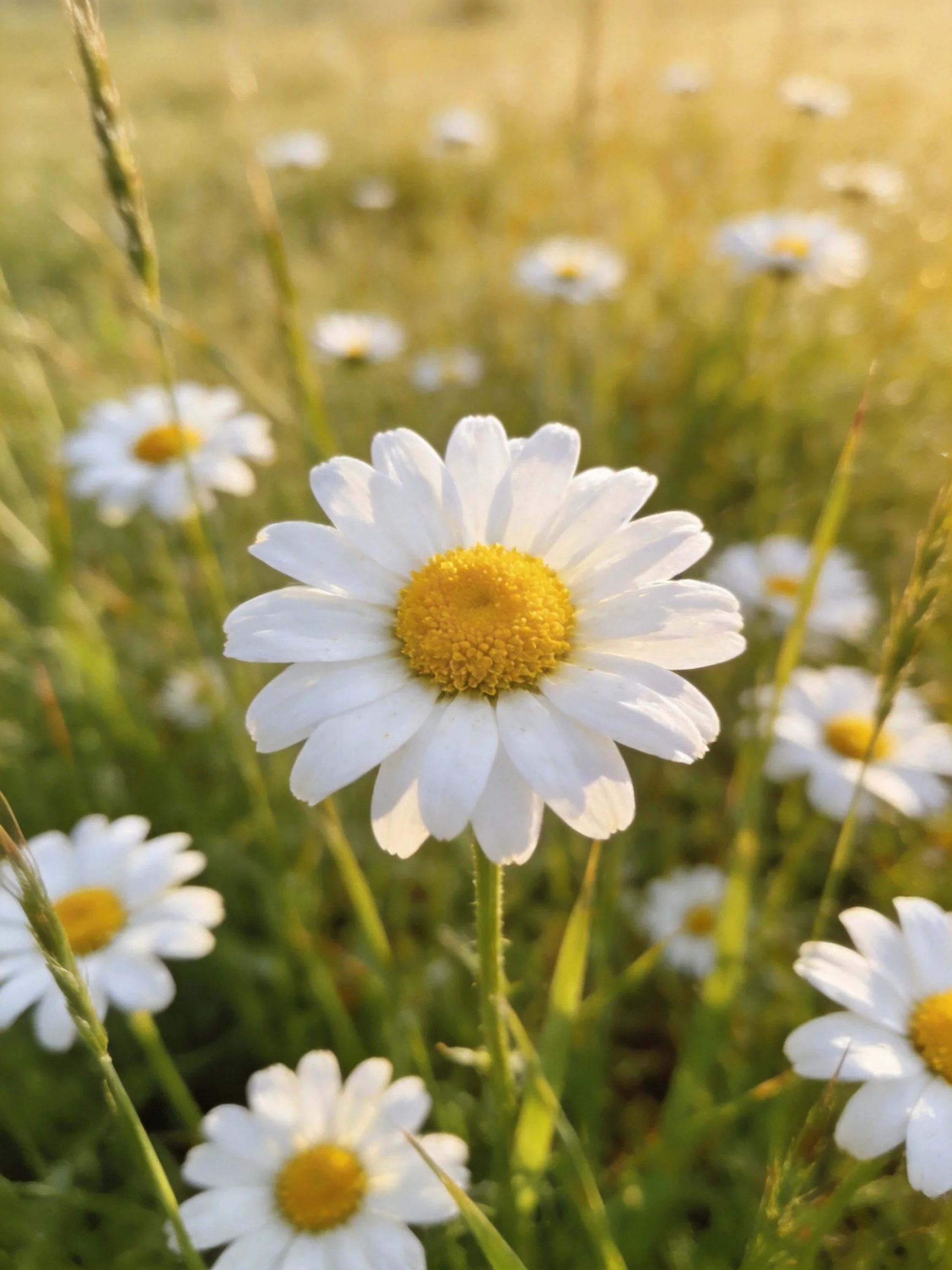 Sunlit meadow with daisies having white petals and yellow centers