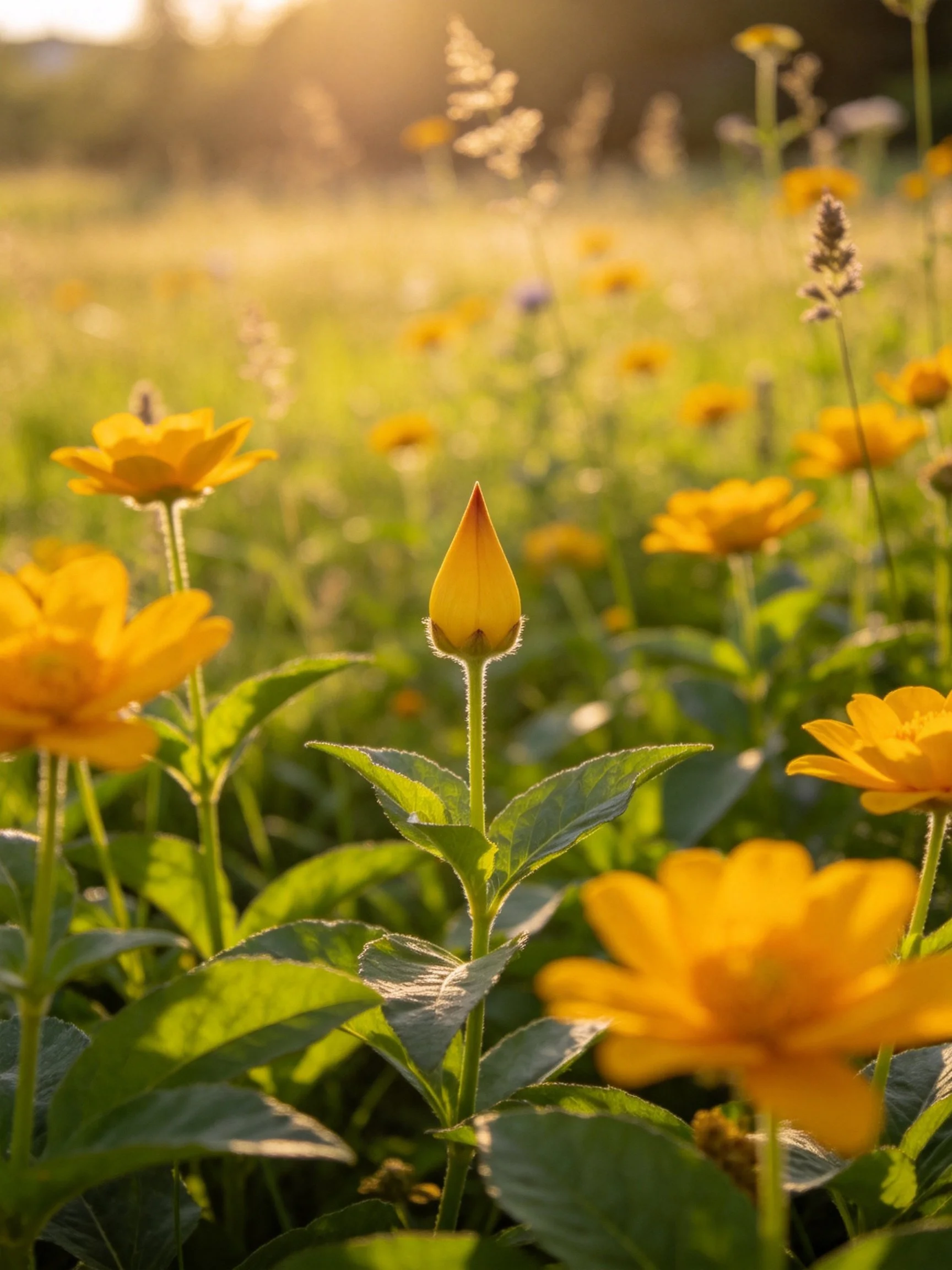 Sunlit meadow with vibrant yellow blooms and green foliage