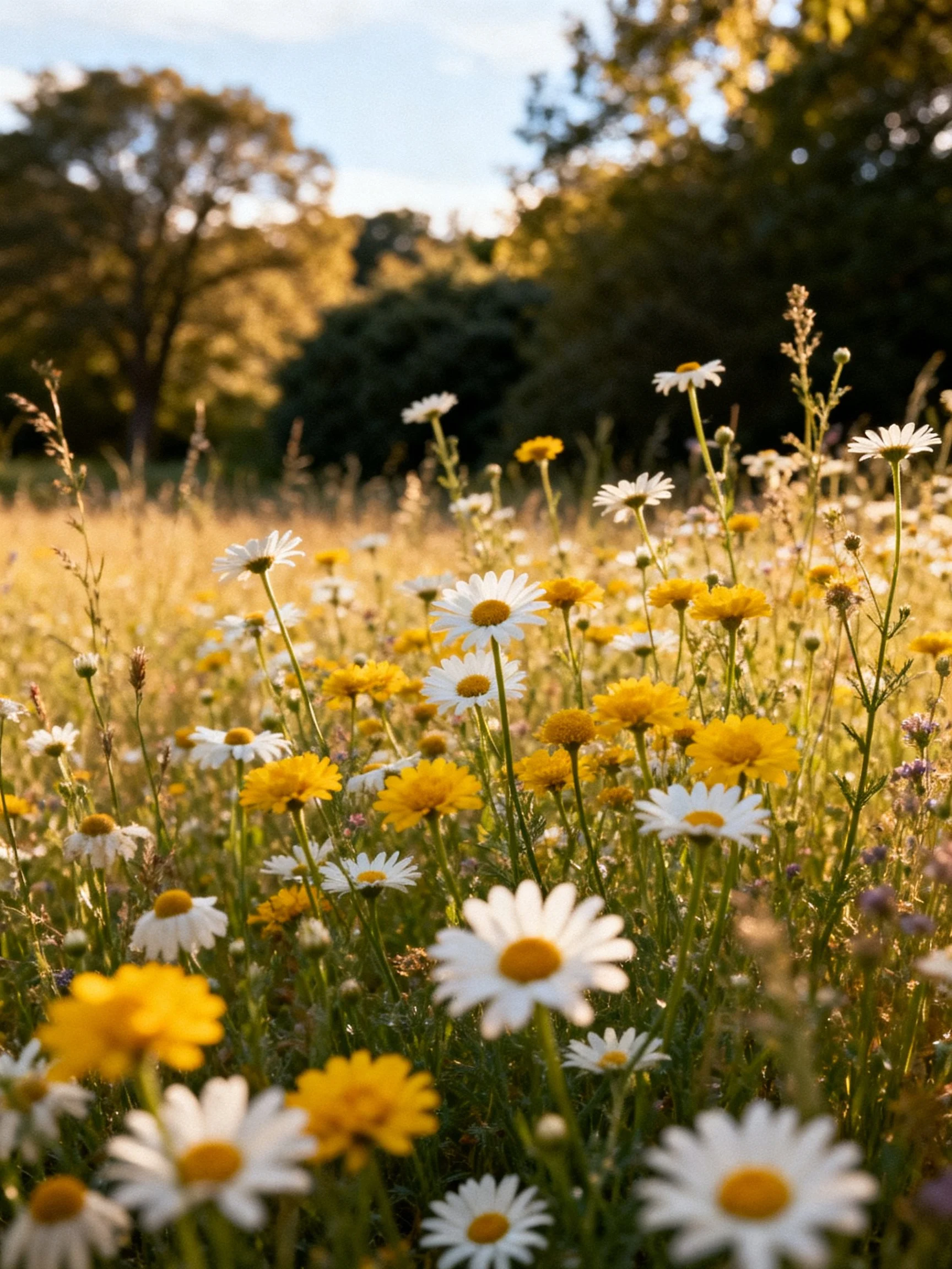 Sunlit meadow with white daisies and yellow wildflowers
