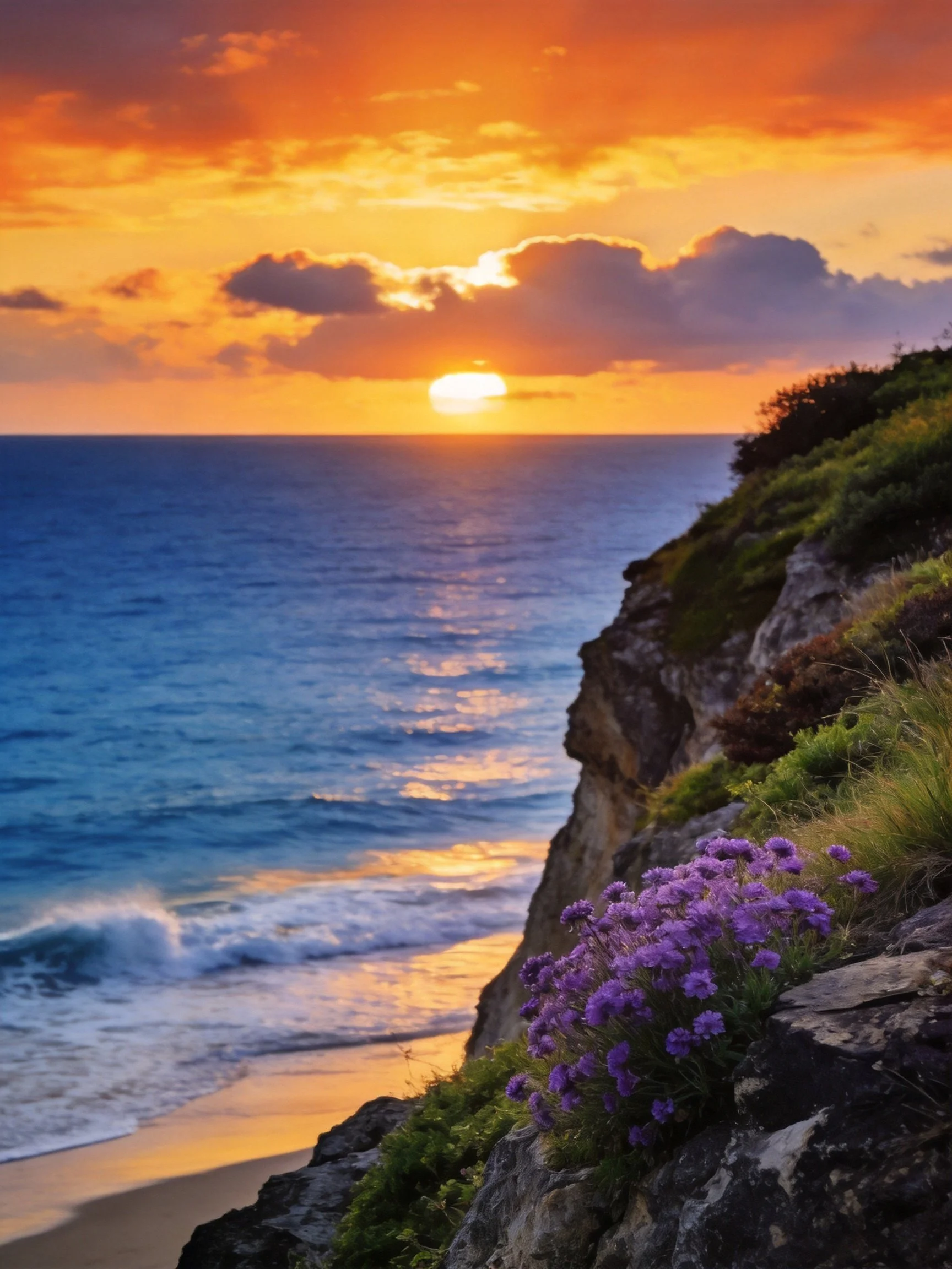 Sunset over cliffside with purple flowers and blue ocean