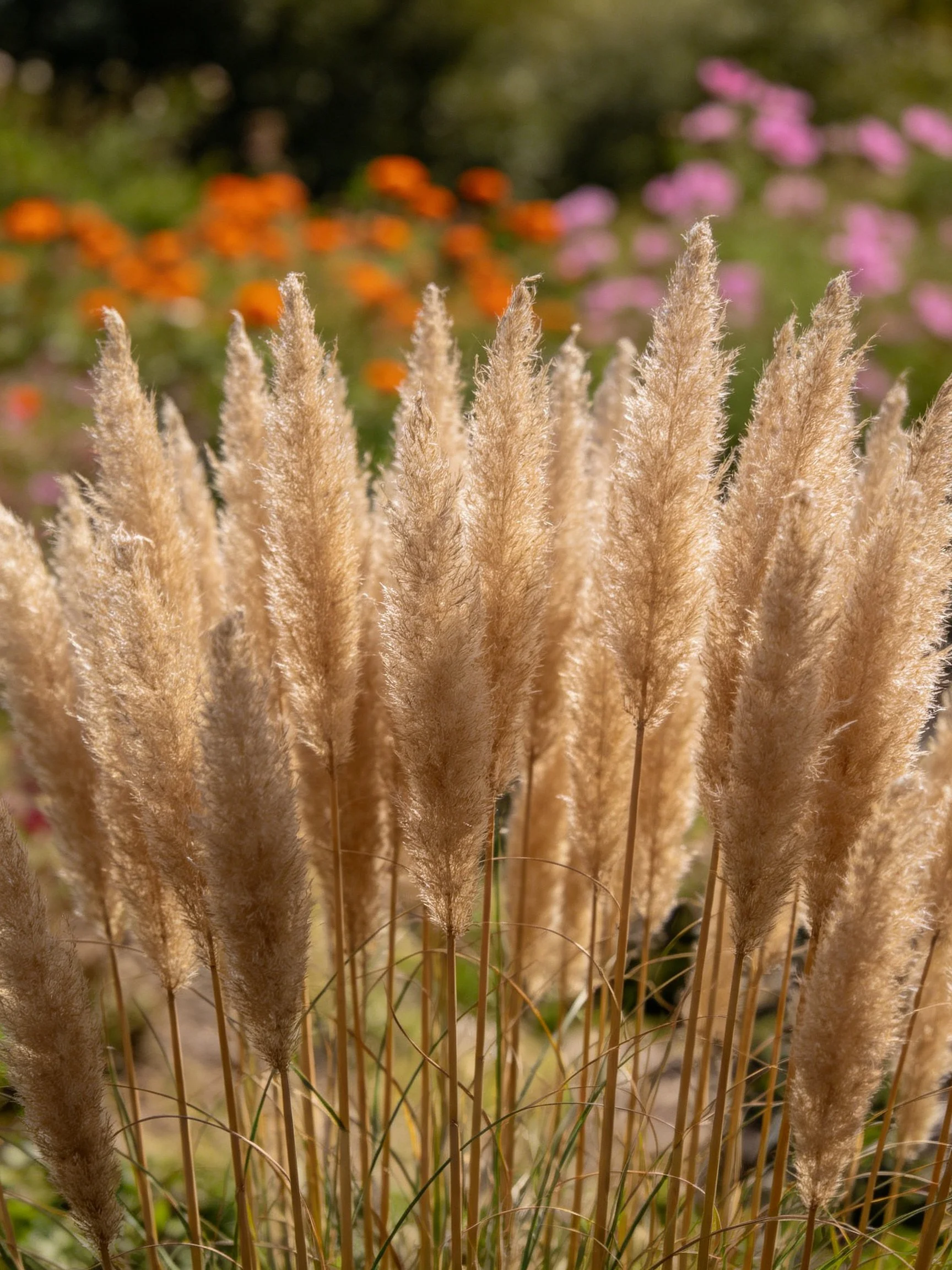 Tall beige reed clusters with orange and pink flowers in background