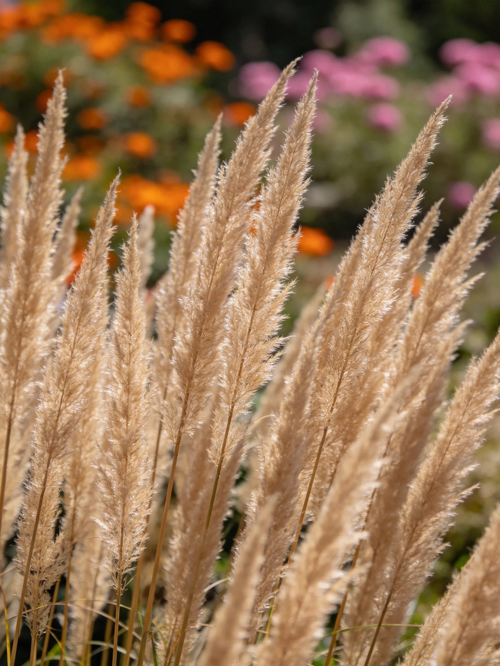 Tall beige reed stalks with vibrant orange and pink floral backdrop