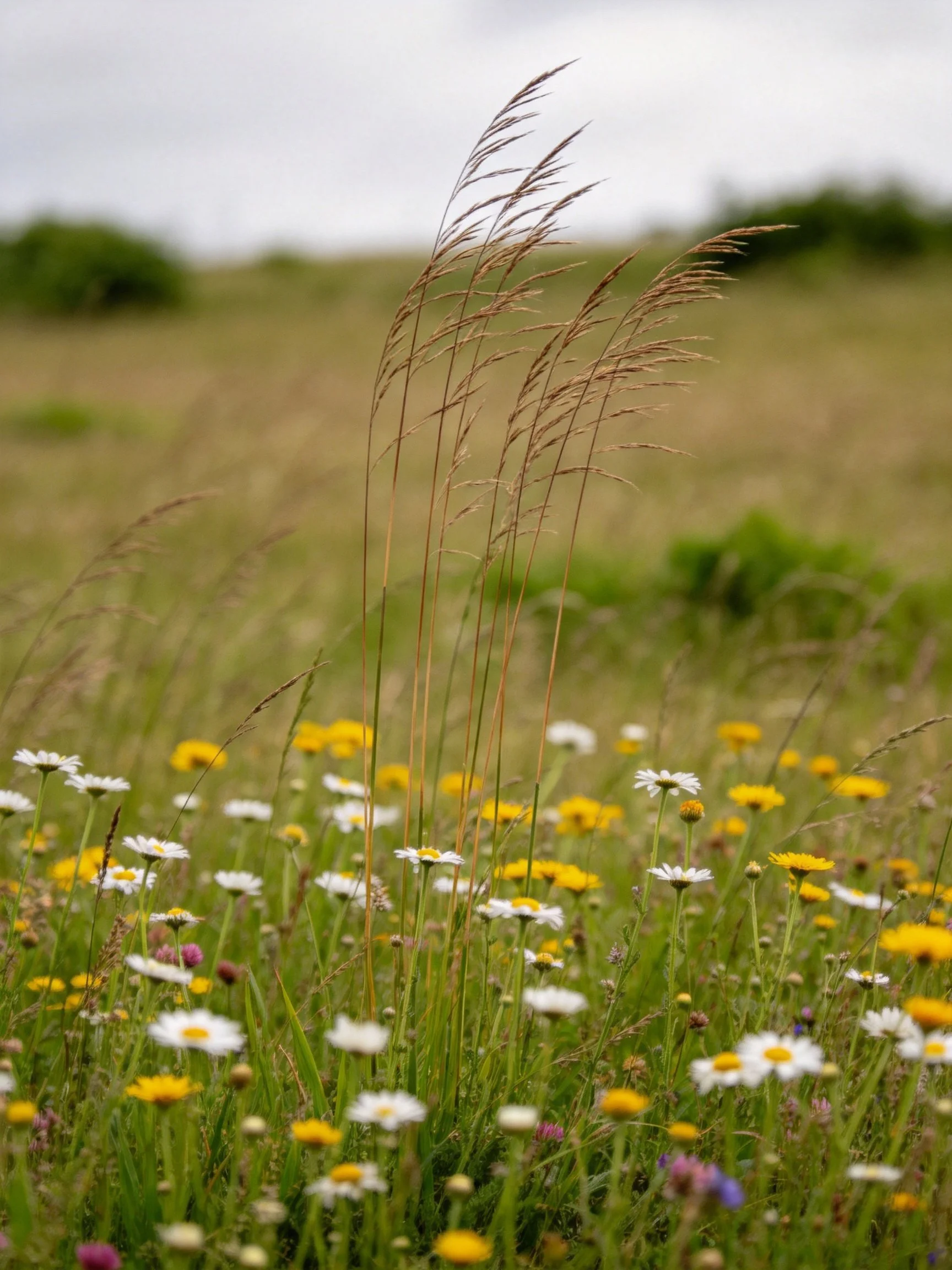 Tall brown grasses and colorful wildflowers in a verdant meadow