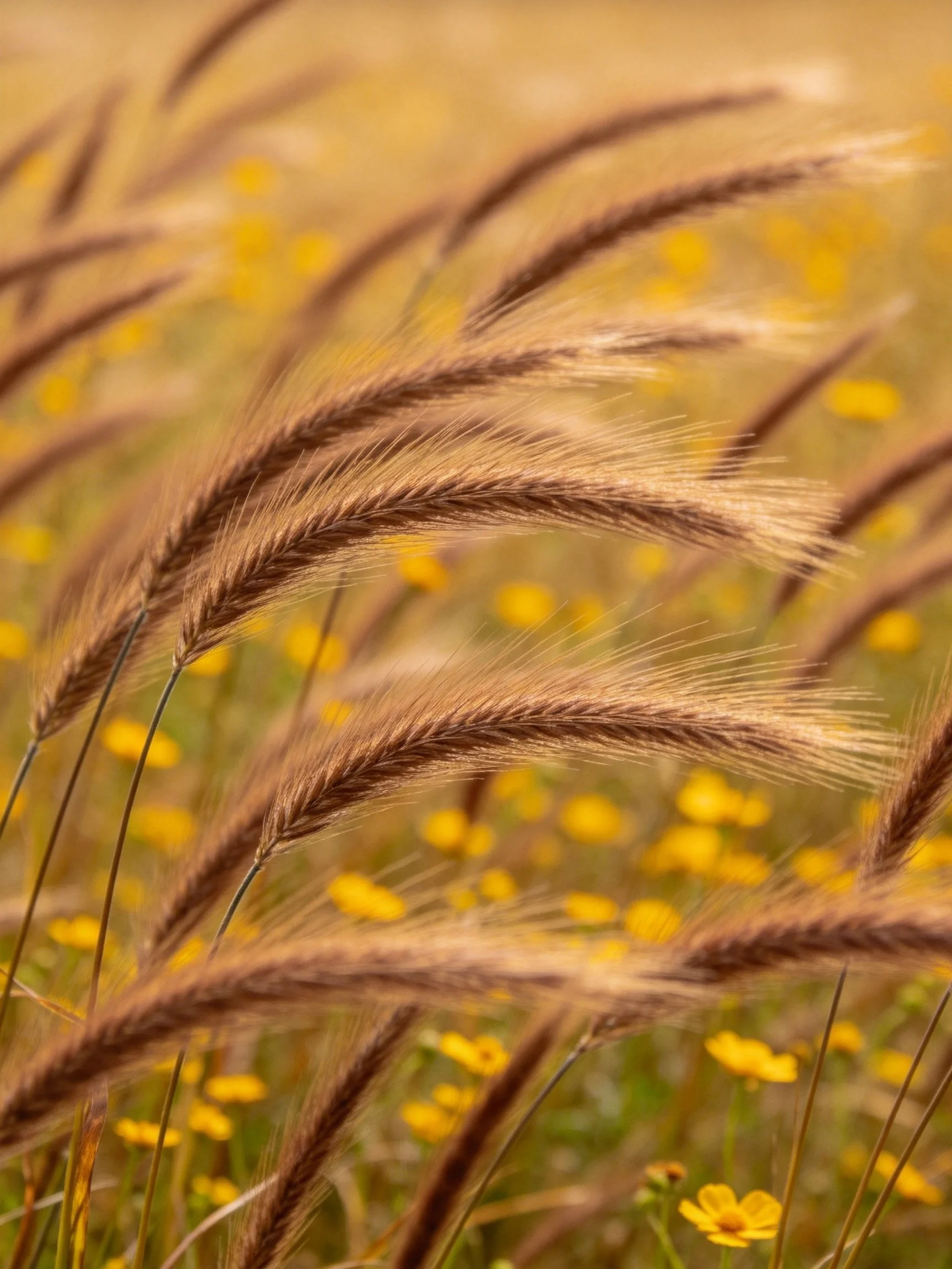 Tall brown grasses sway among small yellow wildflowers