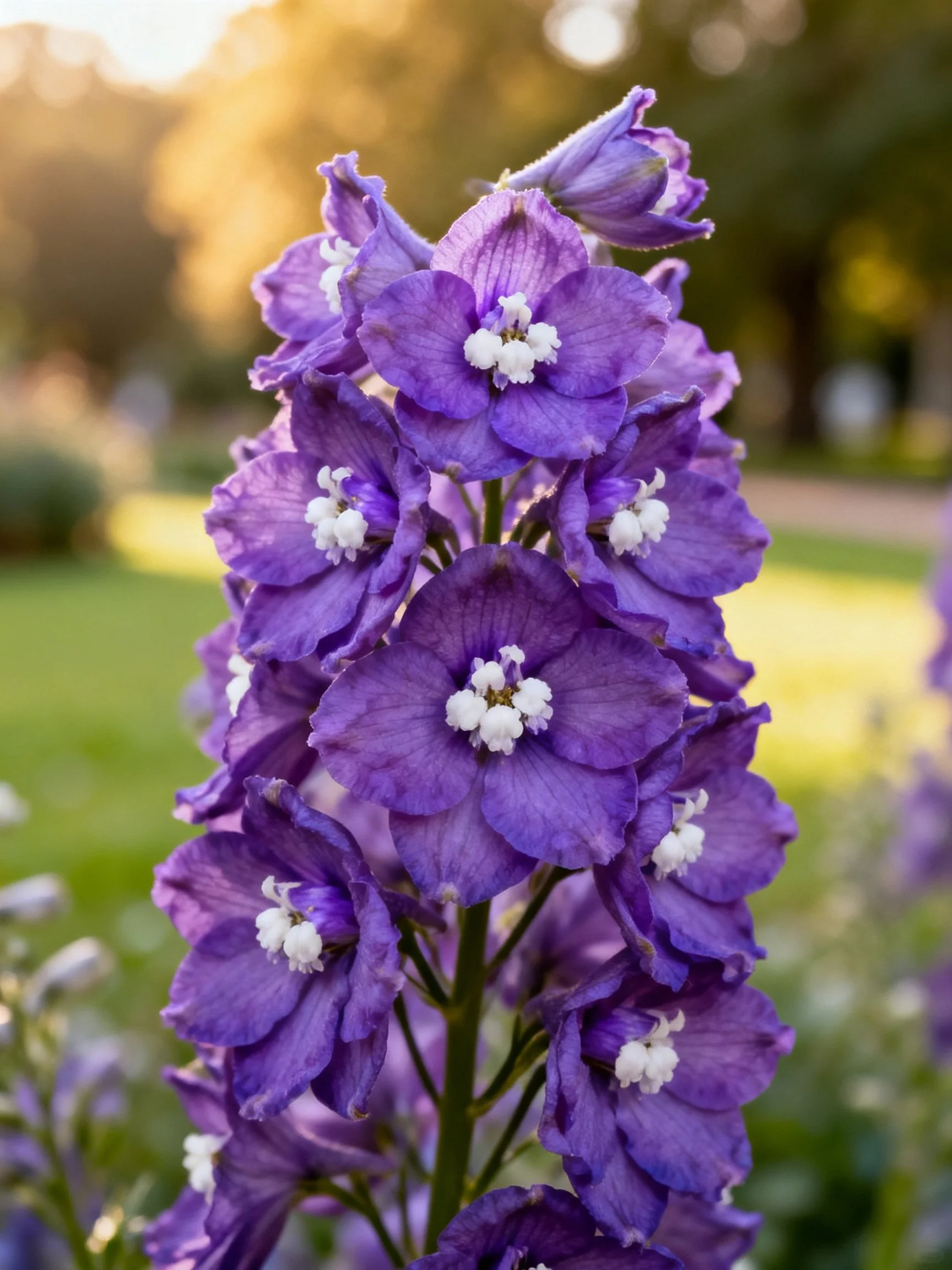 Tall cluster of vibrant purple delphinium blooms with white centers