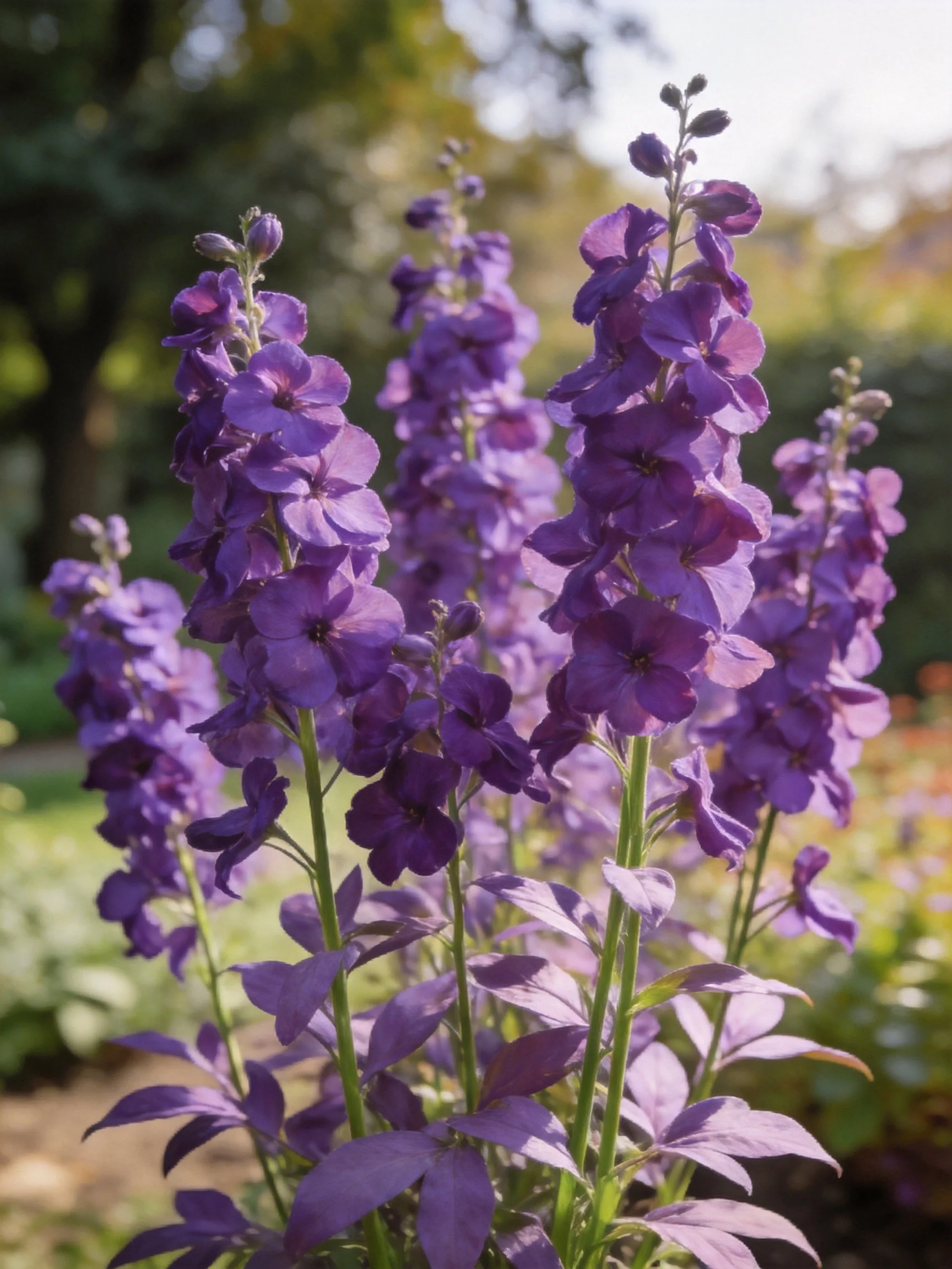 Tall clusters of deep purple flowers thrive in a sunlit garden landscape