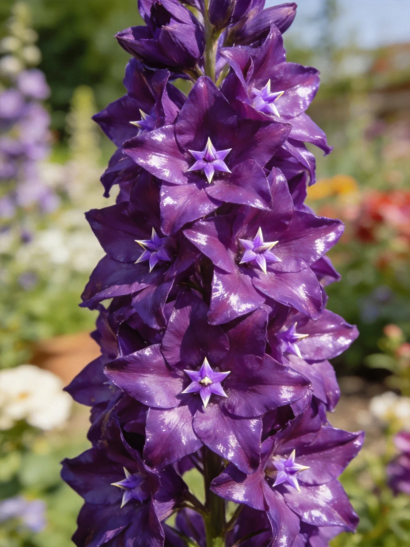 Tall dark purple delphinium flowers with star centers