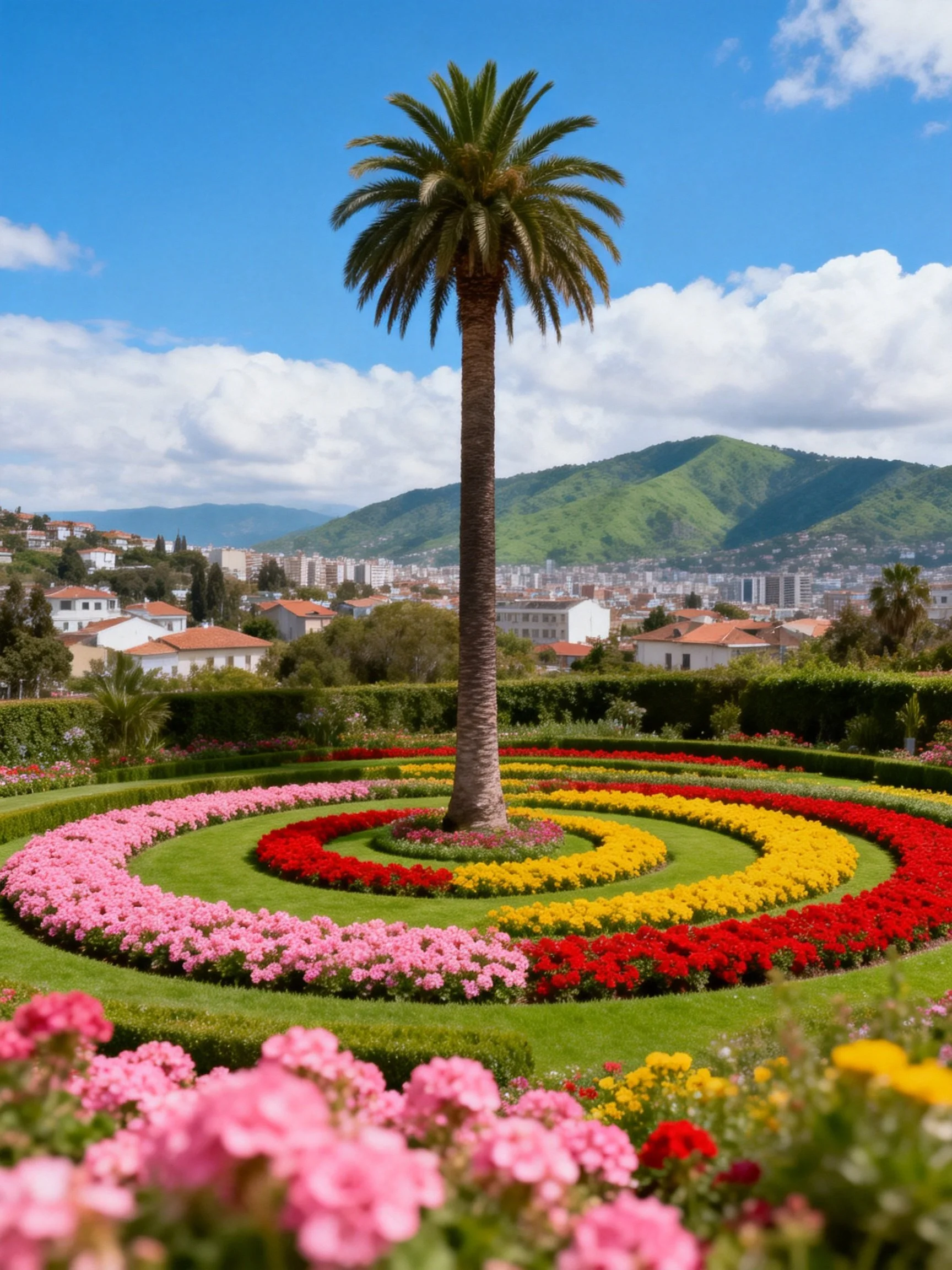 Tall palm tree centered in vibrant circular flower beds near cityscape