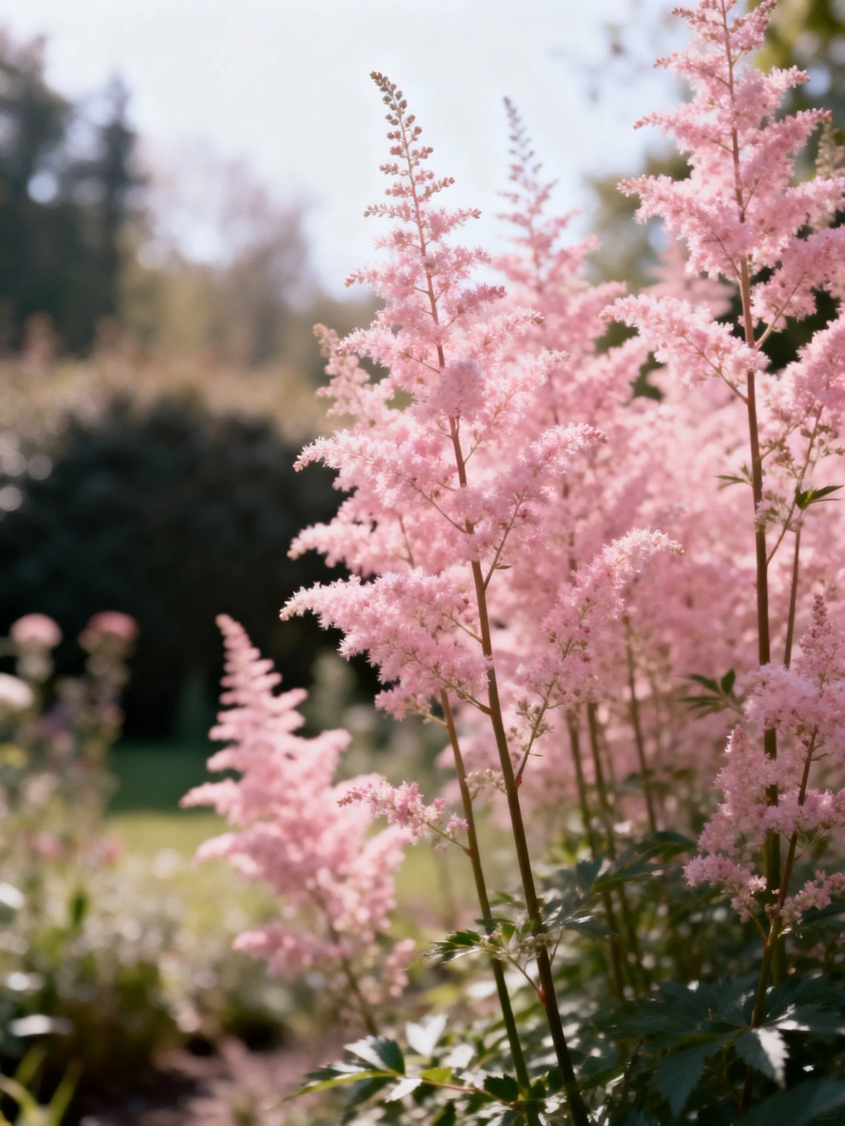 Tall pink flowering plants bloom in sunlit garden landscape
