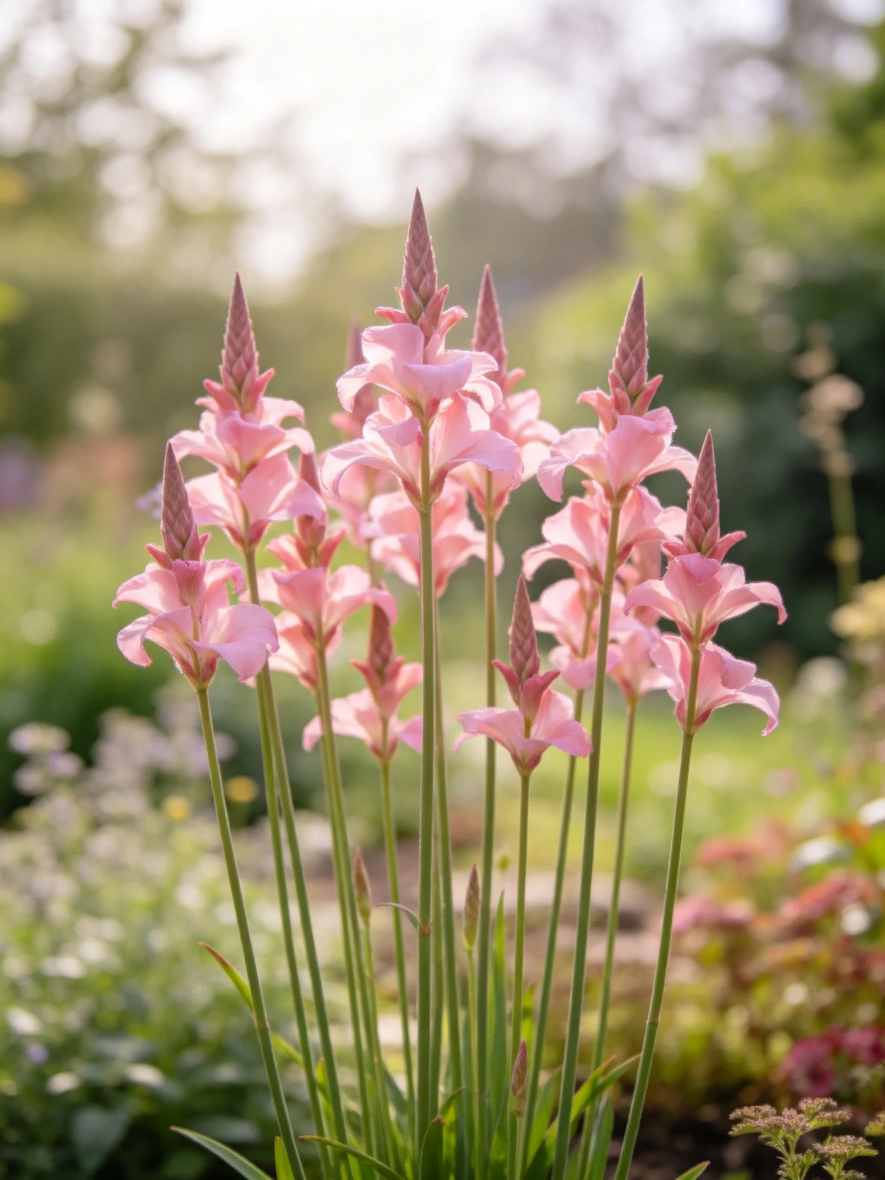 Tall pink flowering plants in a sunlit garden