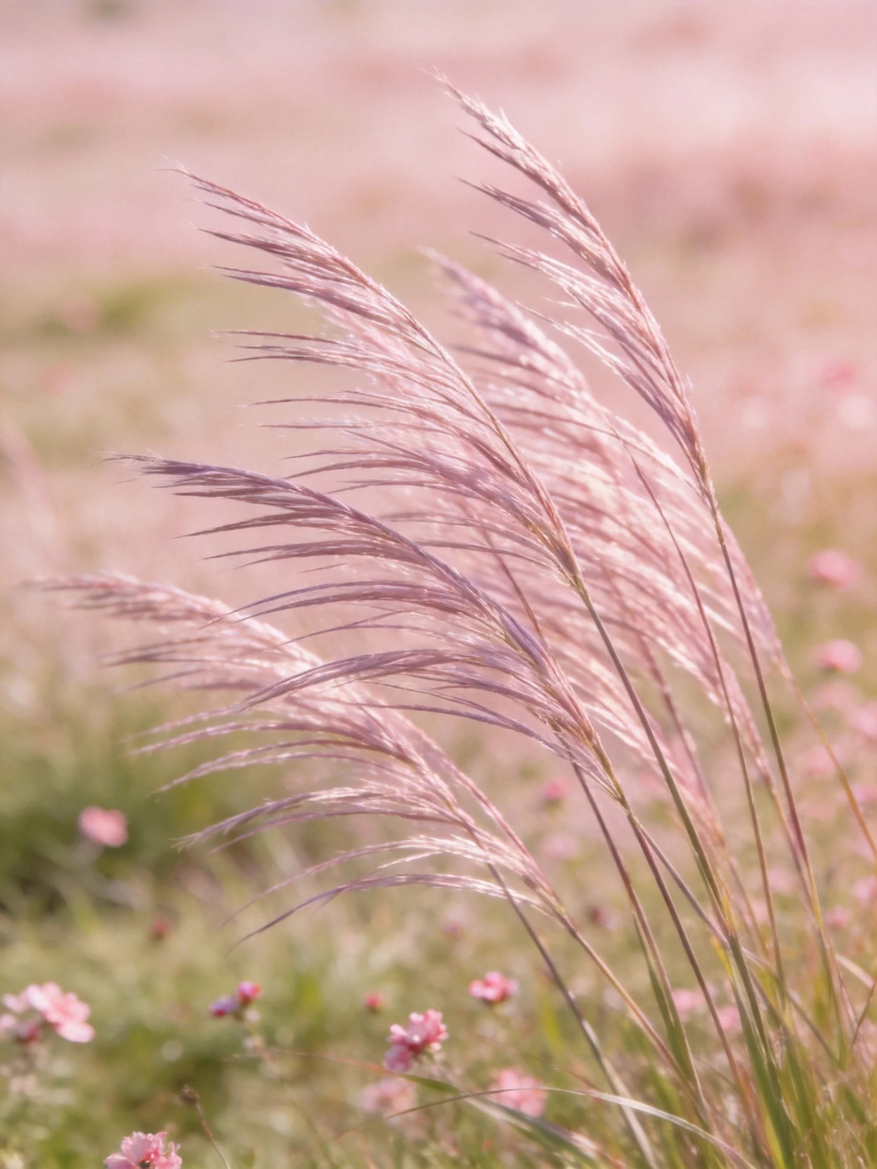 Tall pink-hued grass stalks sway near small pink flowers in a soft meadow