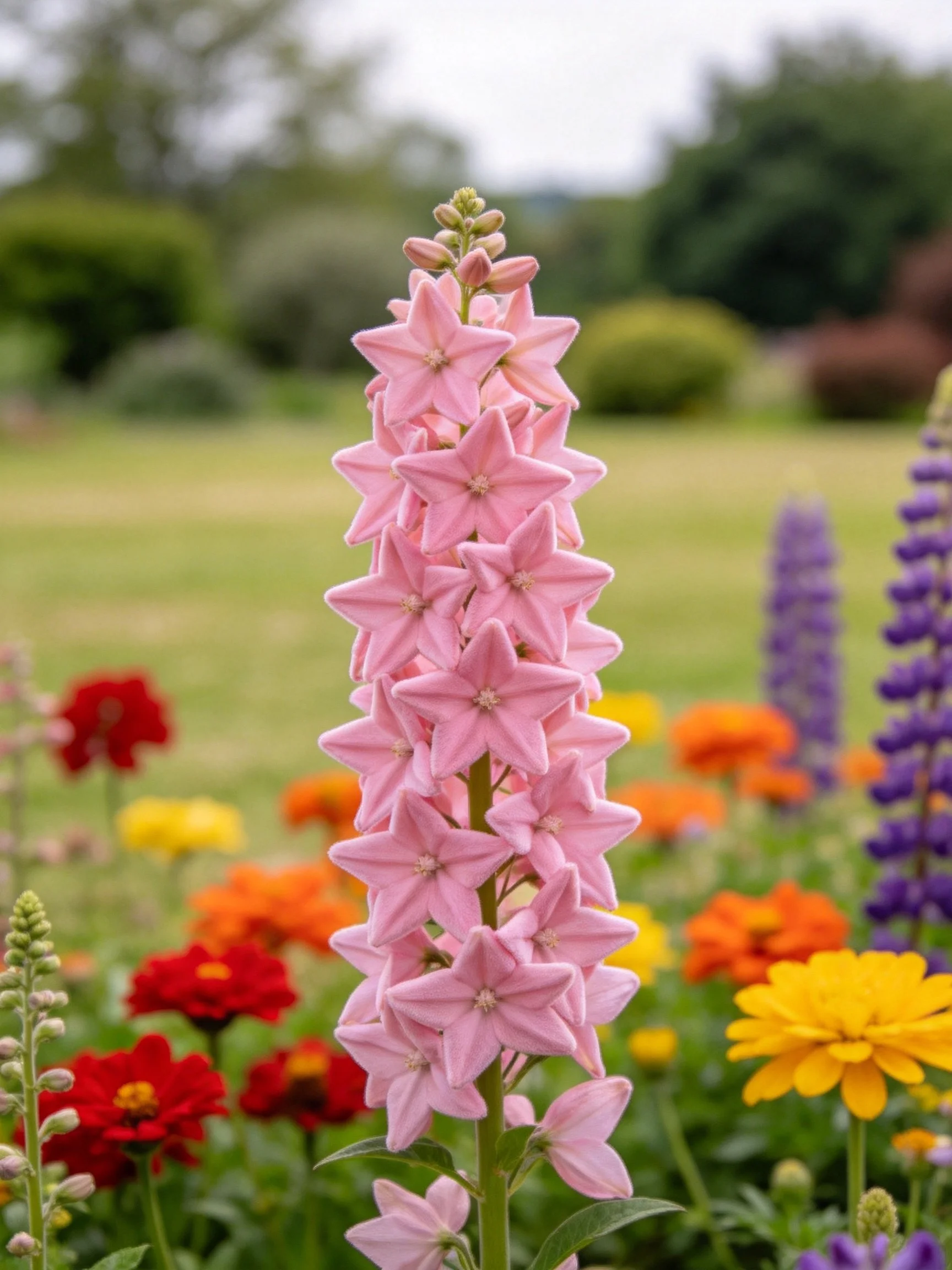 Tall pink star - shaped flower amid colorful mixed blooms in a garden