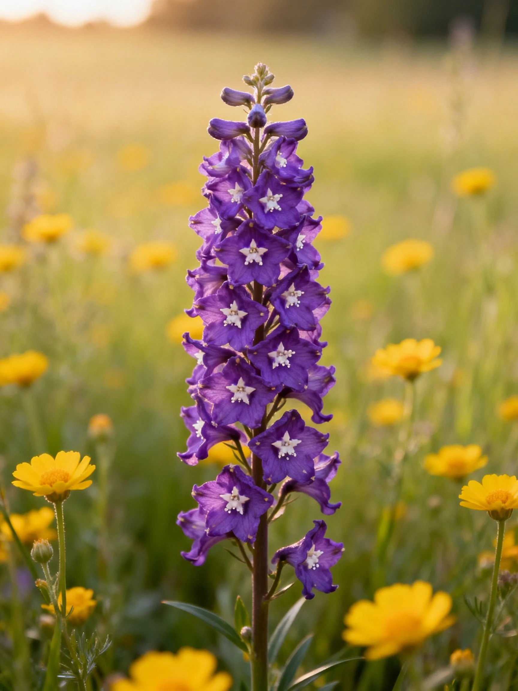 Tall purple delphinium amid scattered yellow wildflowers