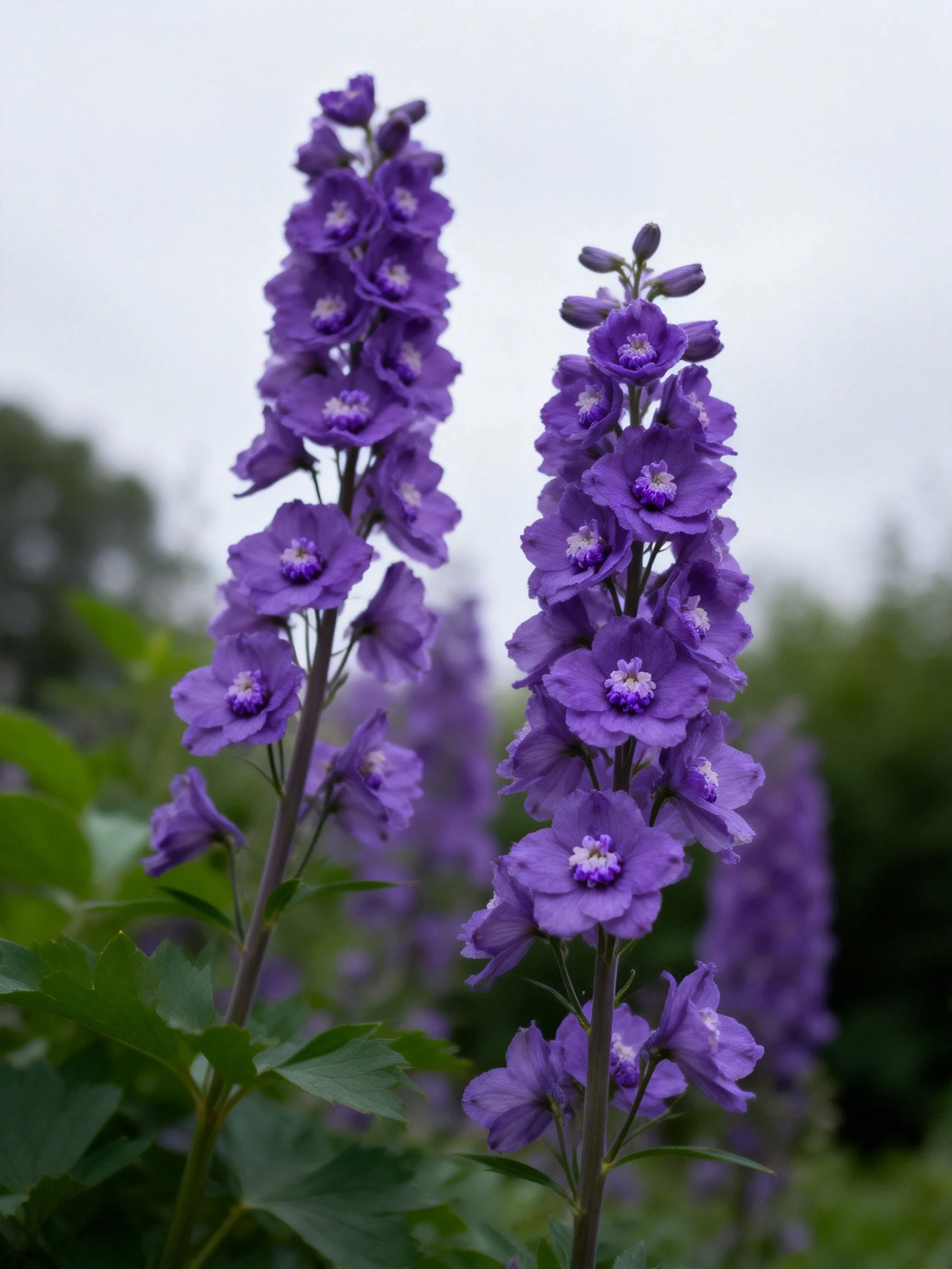Tall purple delphinium flower stalks with lush green foliage