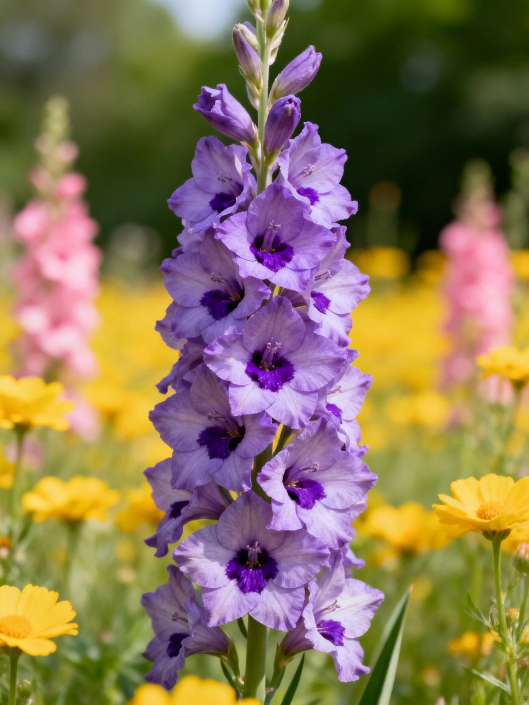 Tall purple gladiolus spikes amid yellow and pink flowers