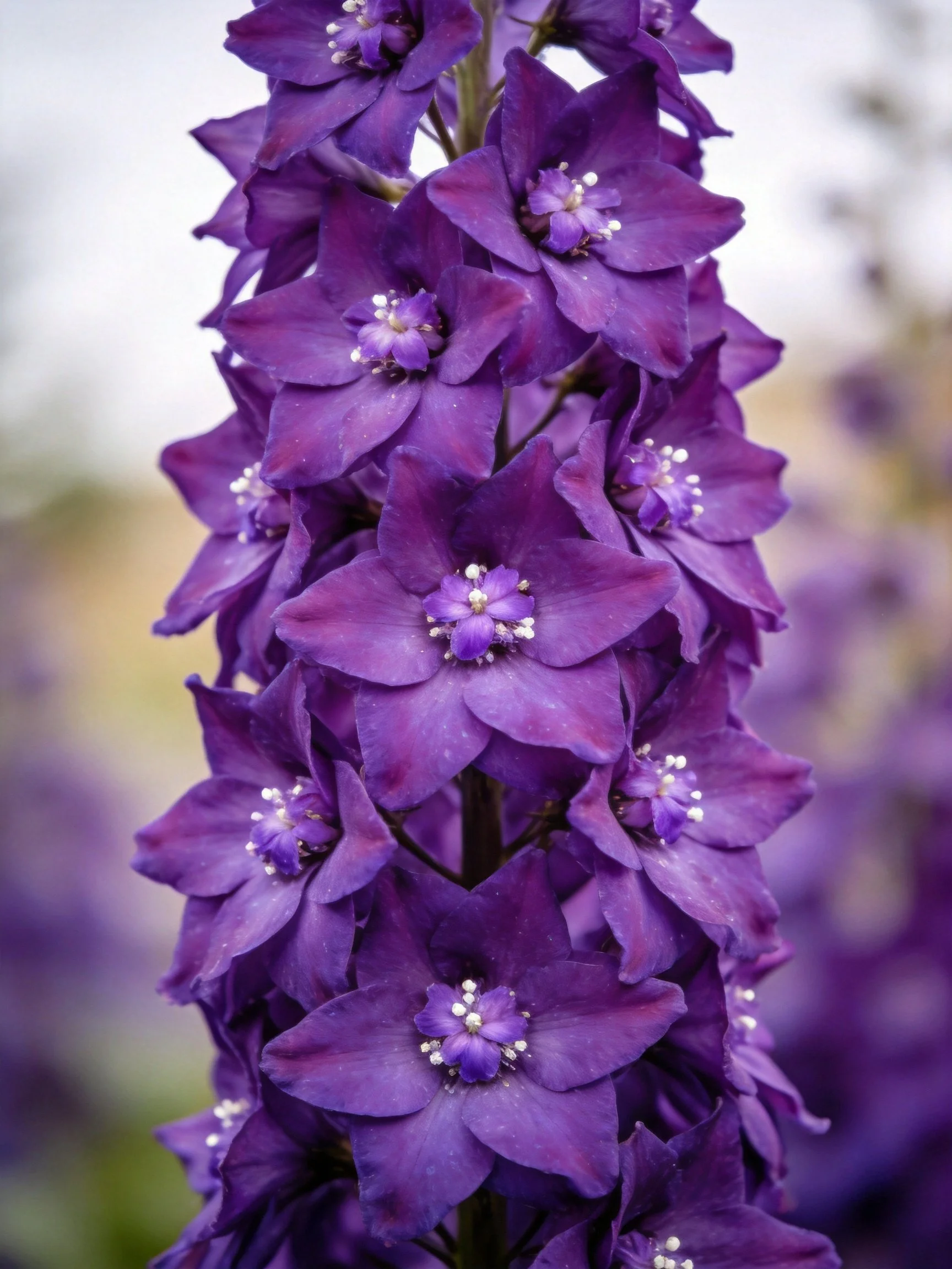 Tall spike of vibrant purple delphinium flowers against soft light