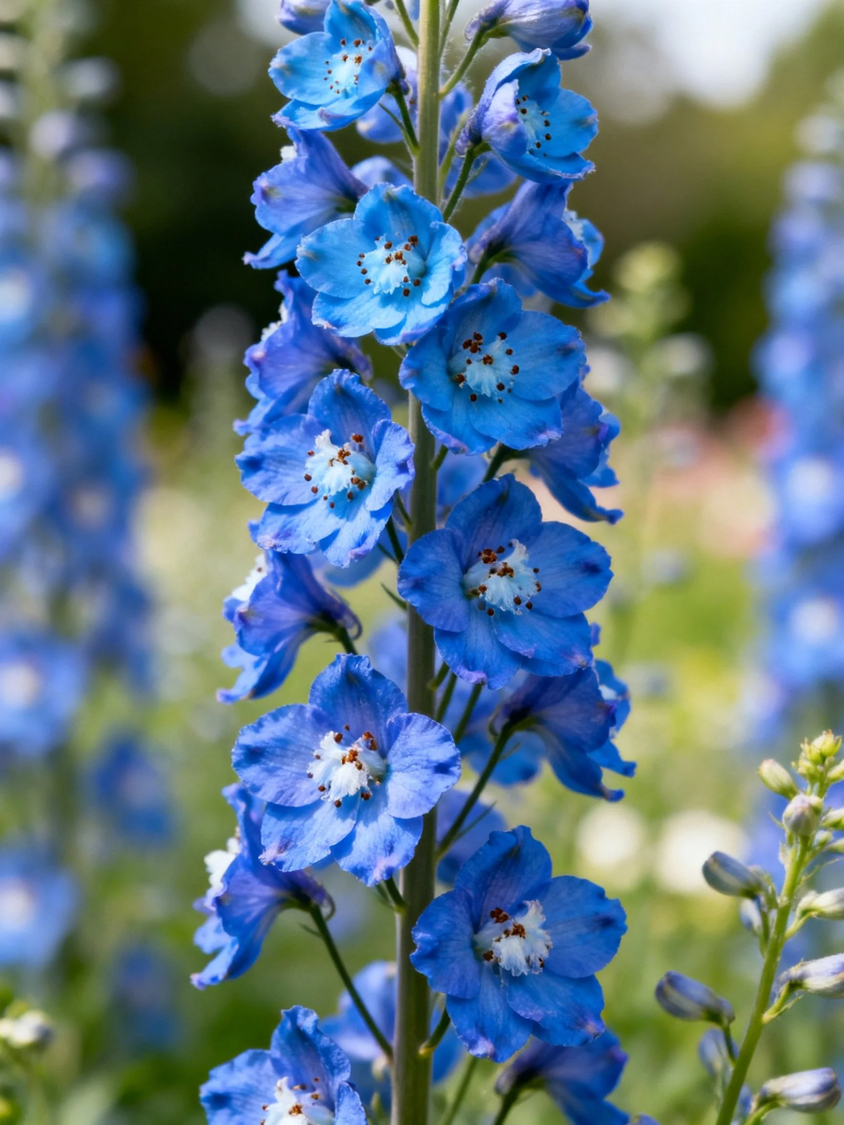 Tall spikes of vibrant blue delphinium flowers in a lush garden