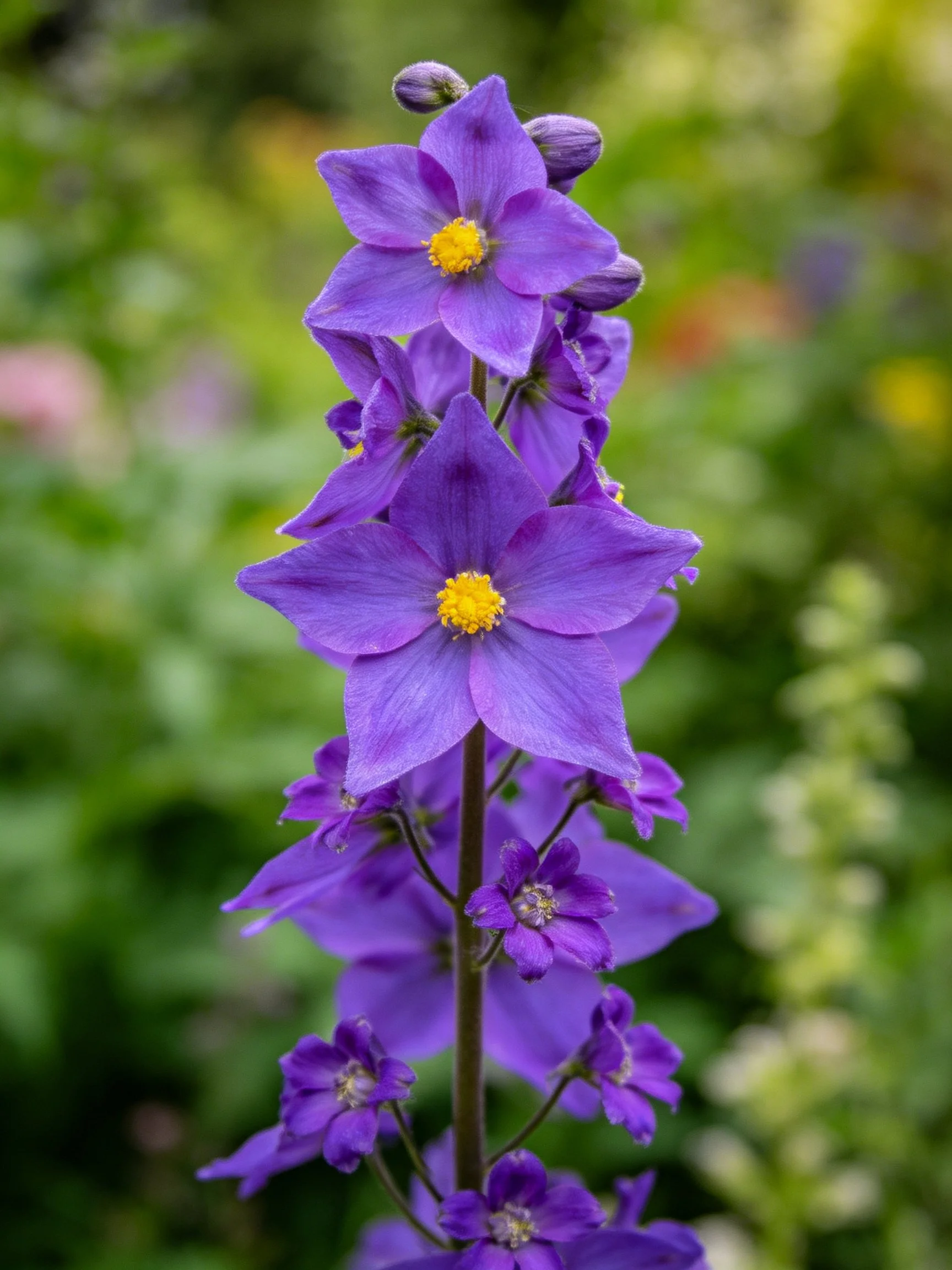 Tall stem of vibrant purple flowers with yellow centers
