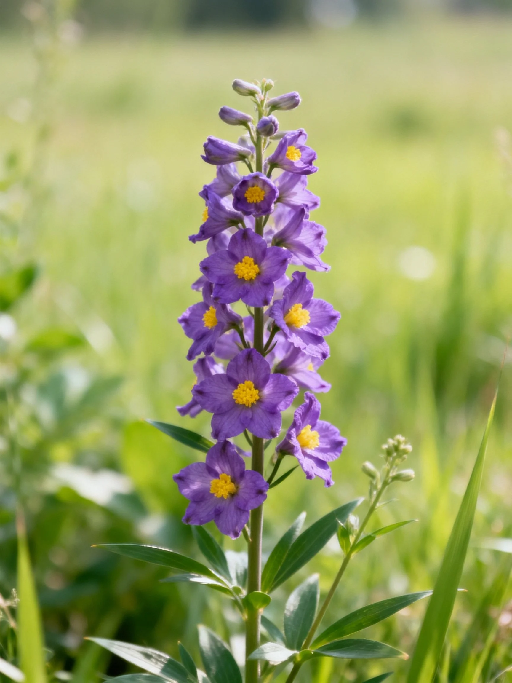 Tall stem with purple bell - shaped flowers and yellow centers