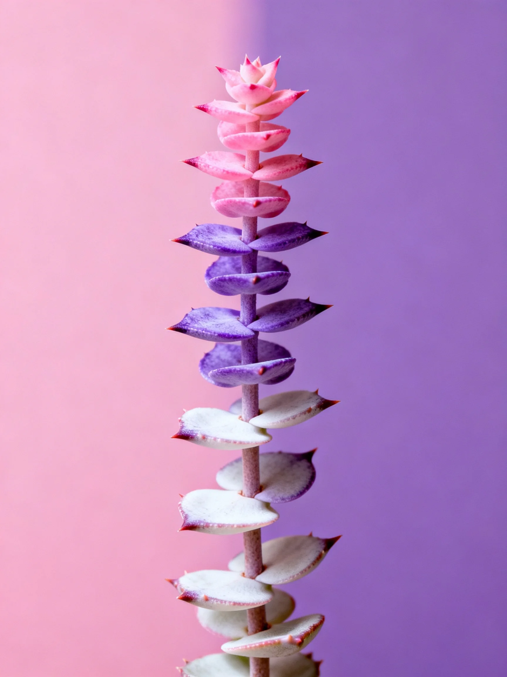 Tall succulent stem with pink, purple, white gradient leaves on pink-purple split background