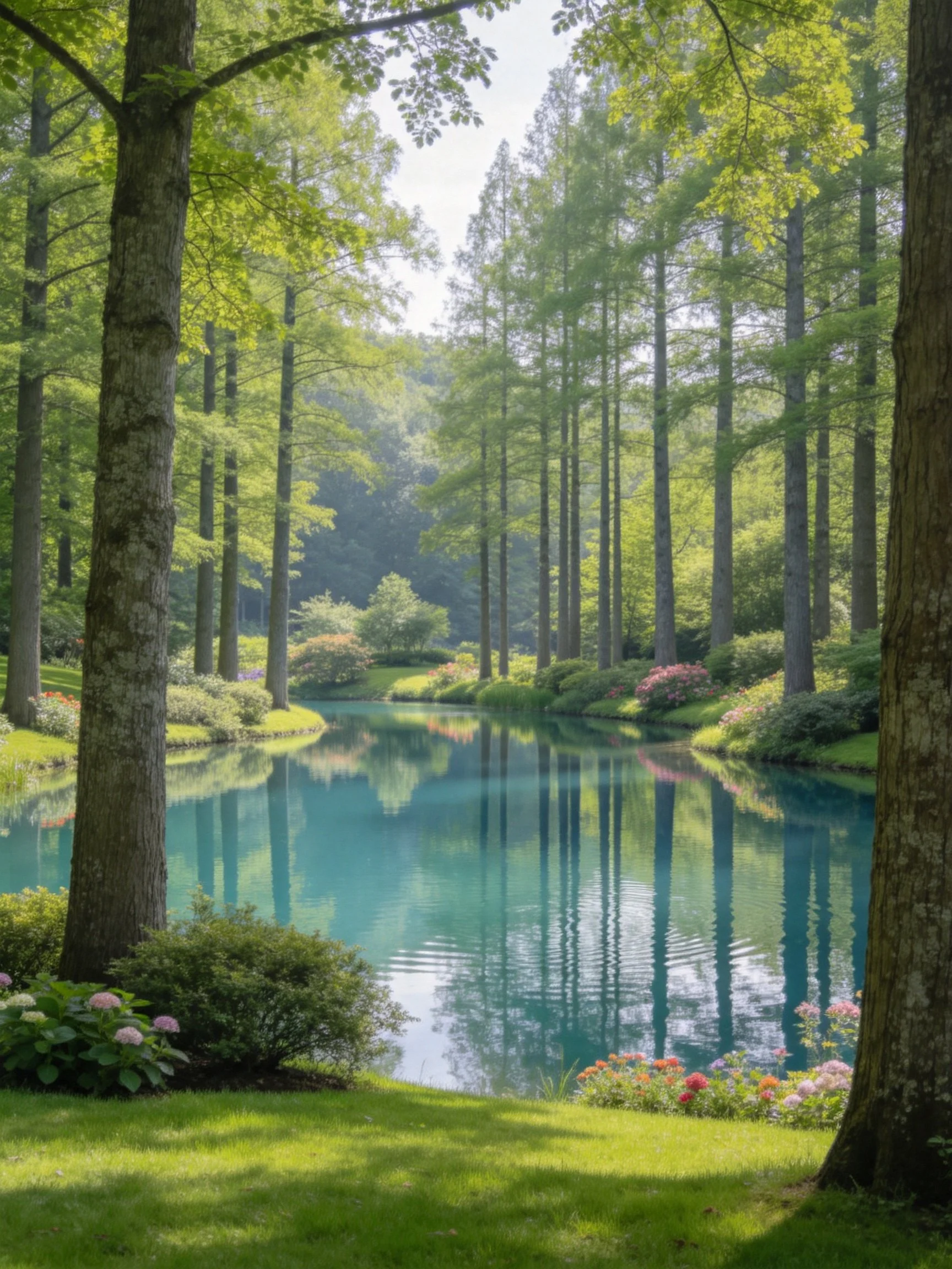 Tall trees encircle a turquoise pond amid lush greenery