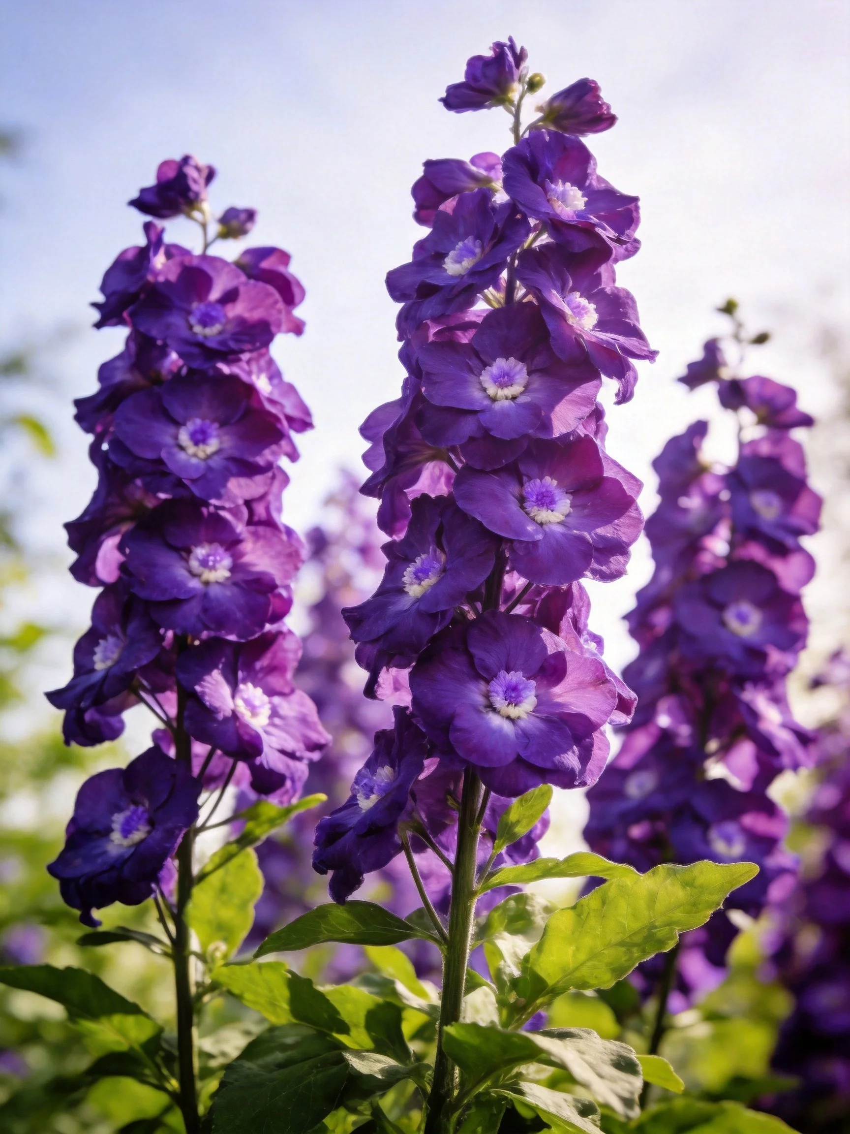 Tall vibrant purple delphinium flowers with lush green leaves