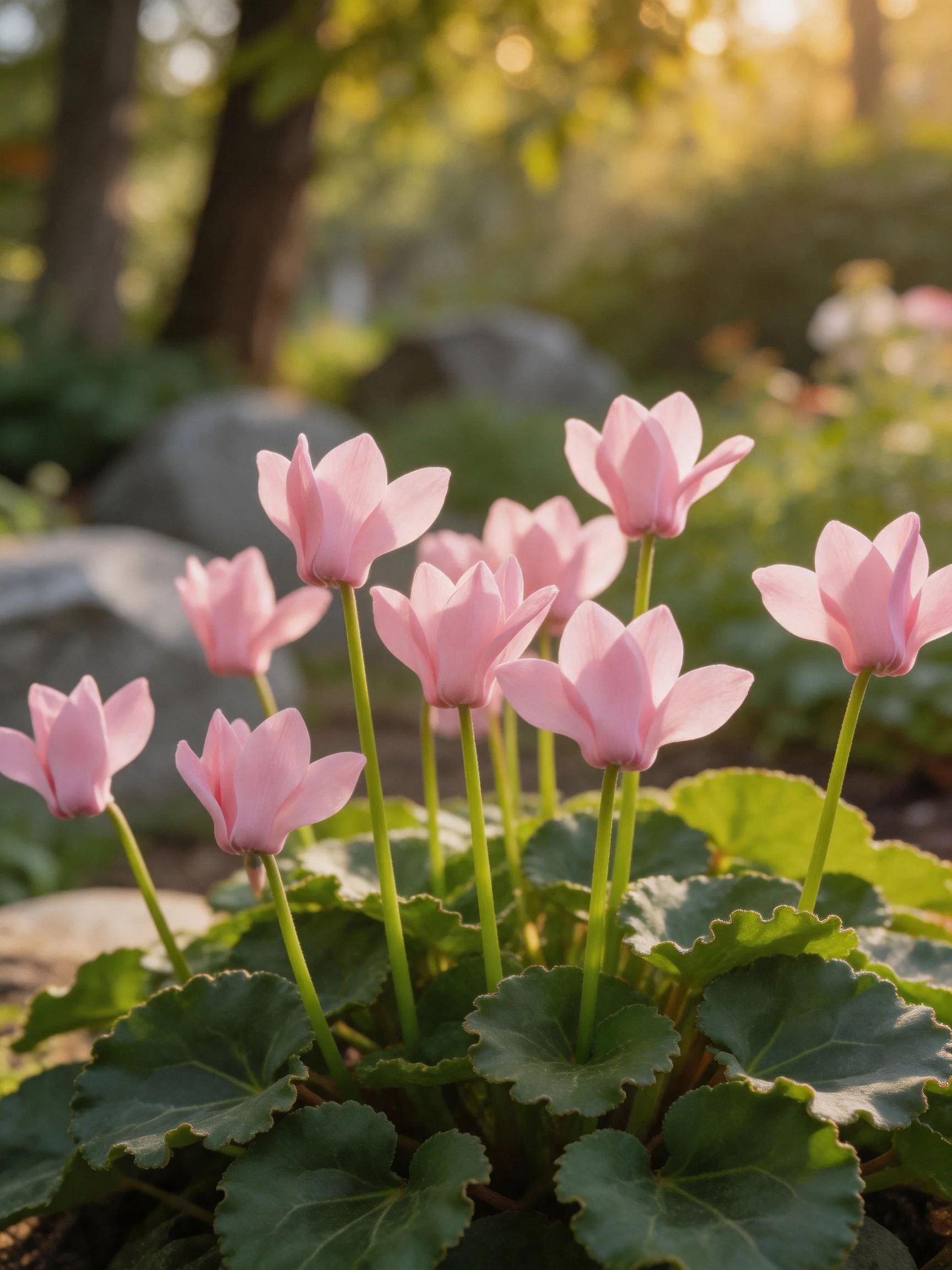 Ten pink cyclamen flowers bloom near large rocks in a sun-dappled garden