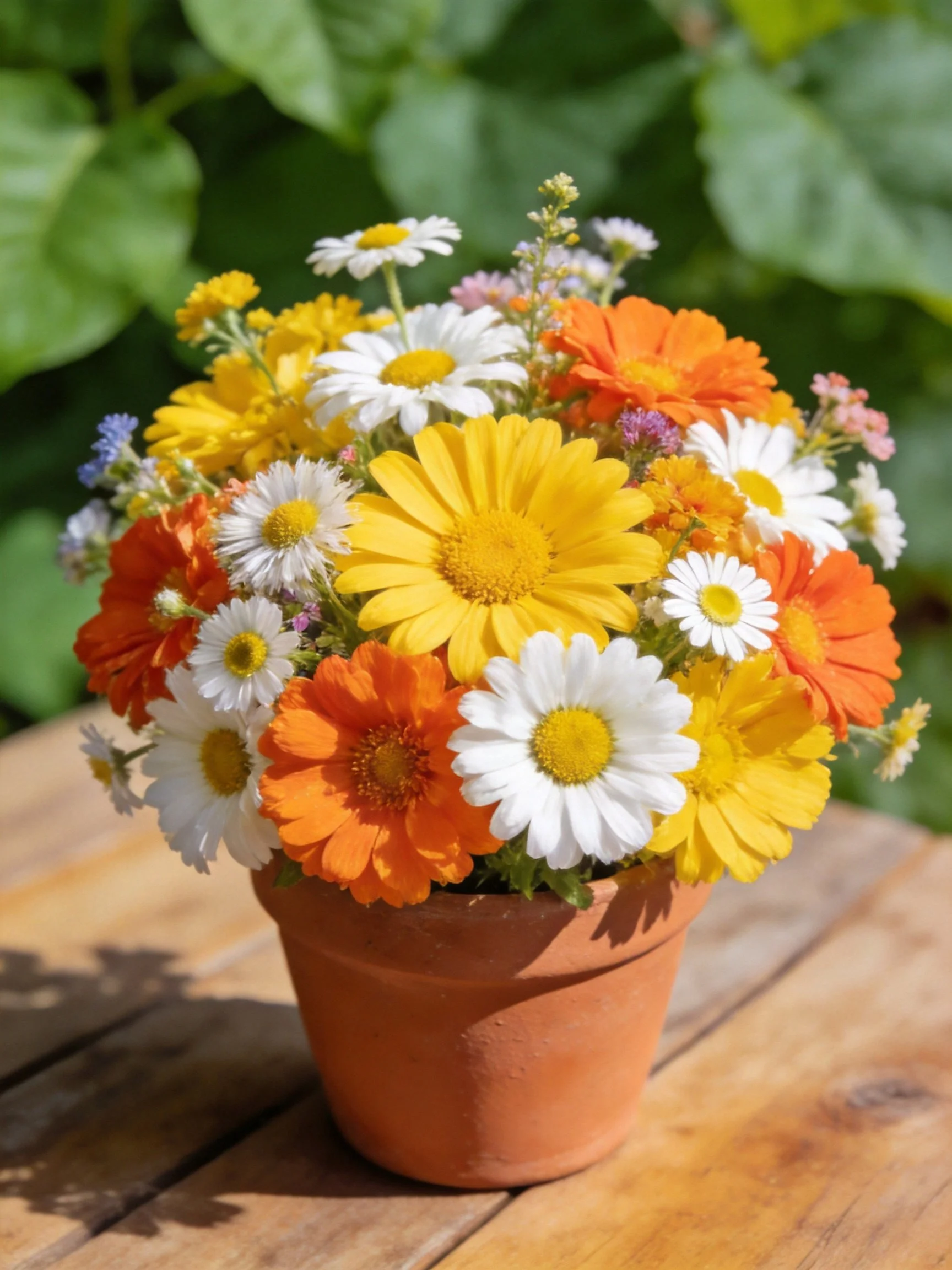 Terracotta pot holds vibrant mixed flowers in yellow, white, and orange