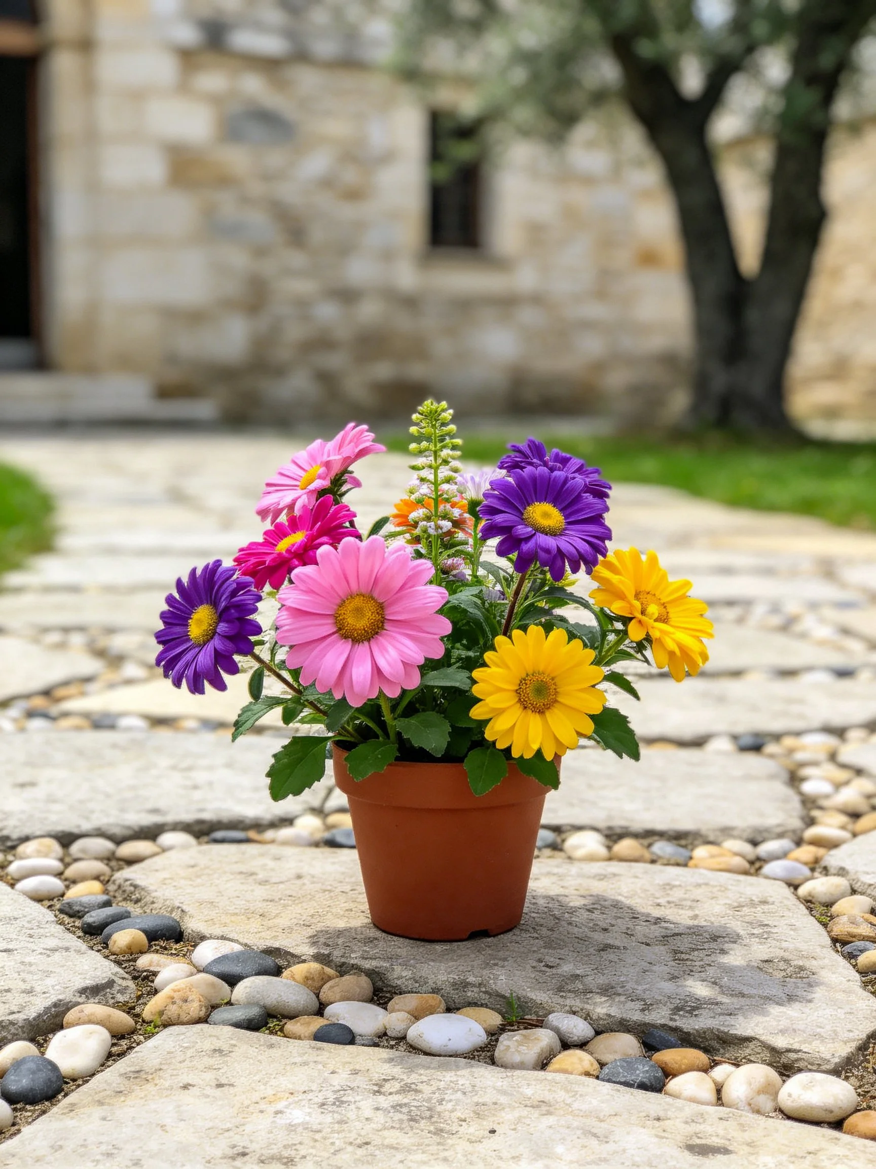 Terracotta pot with colorful blooms on stone patio near old stone building