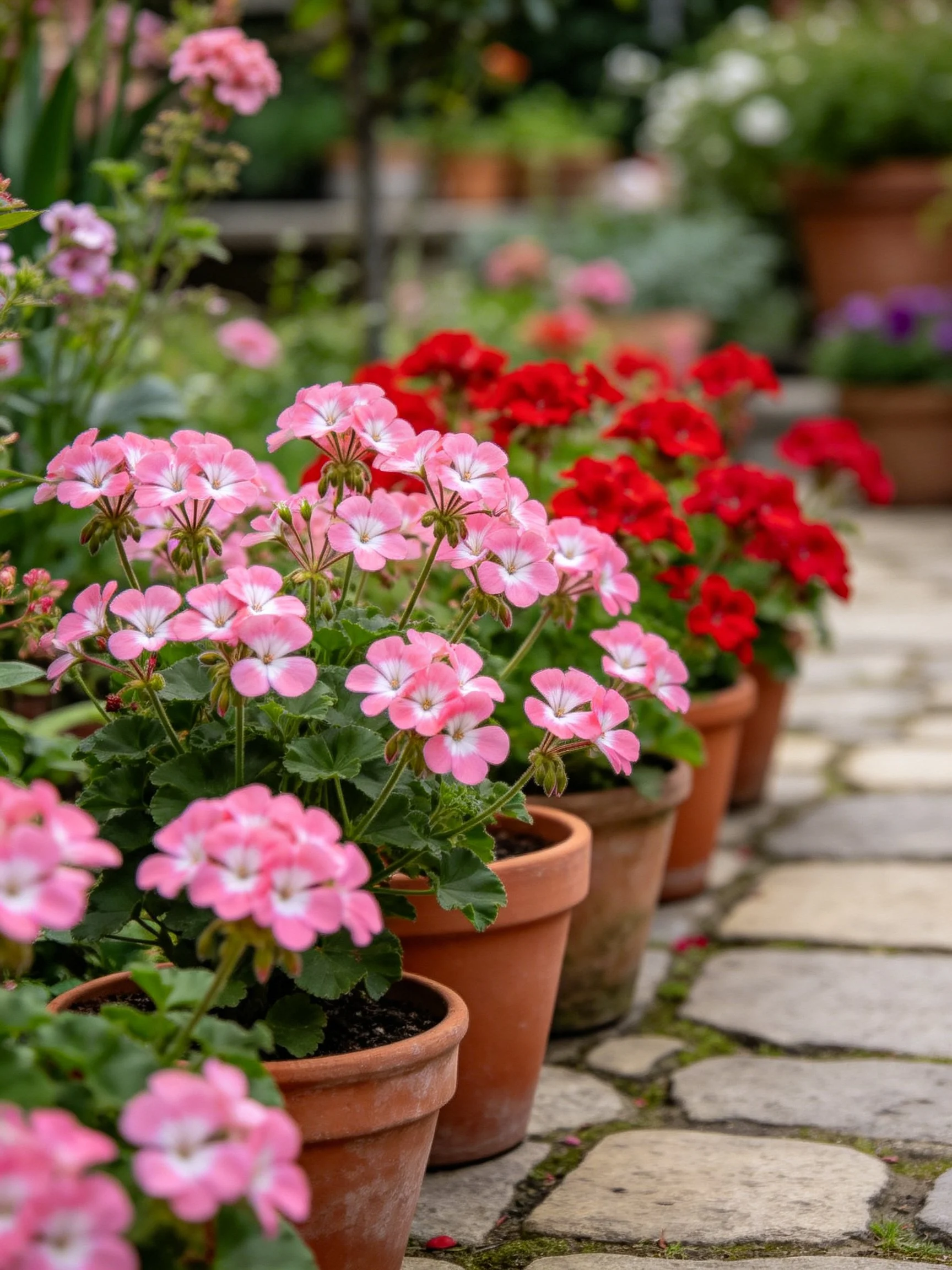 Terracotta pots display pink and red flowering plants along a stone pathway