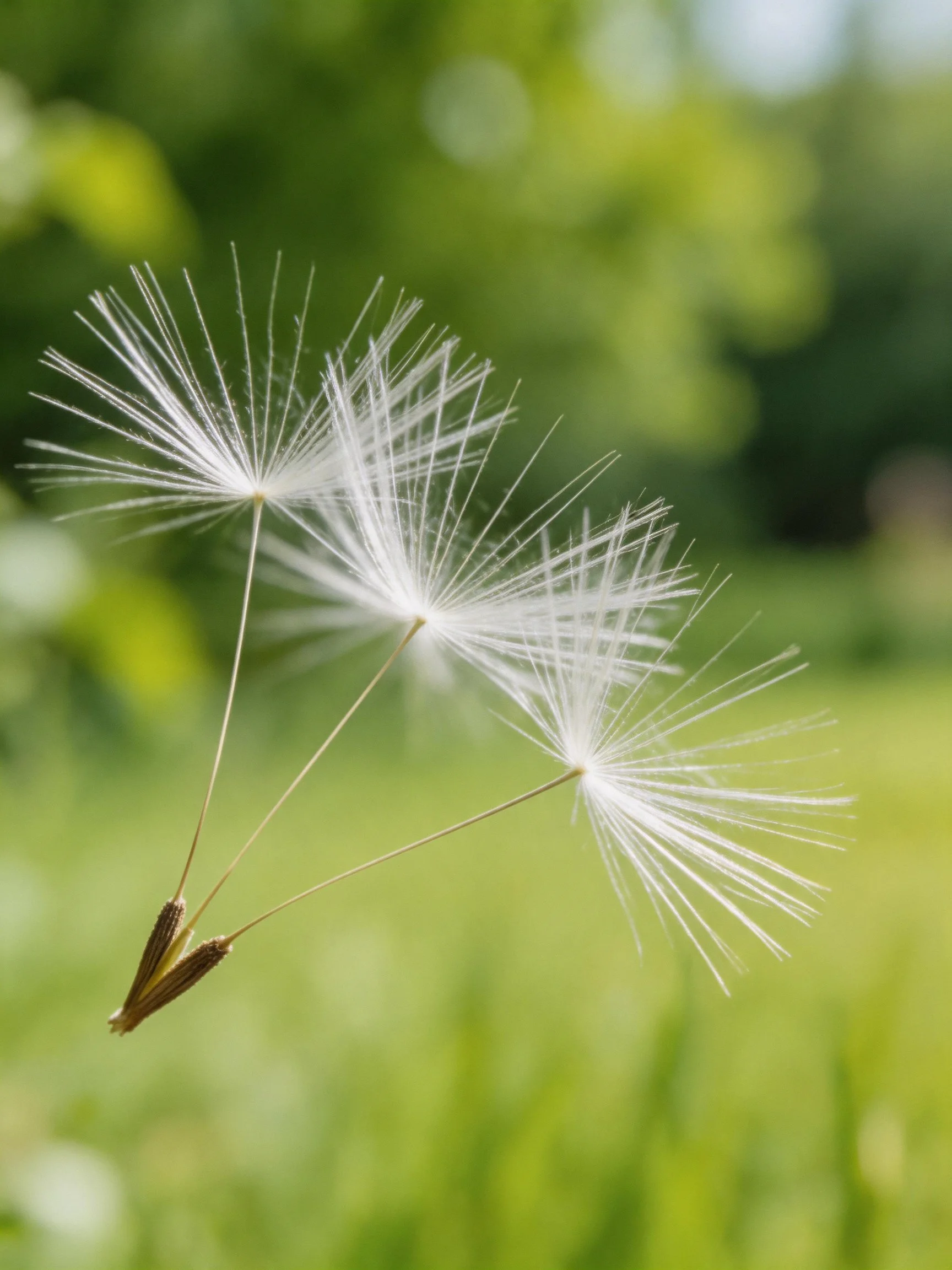 Three Dandelion Seed Heads Floating Against a Green Blurred Background