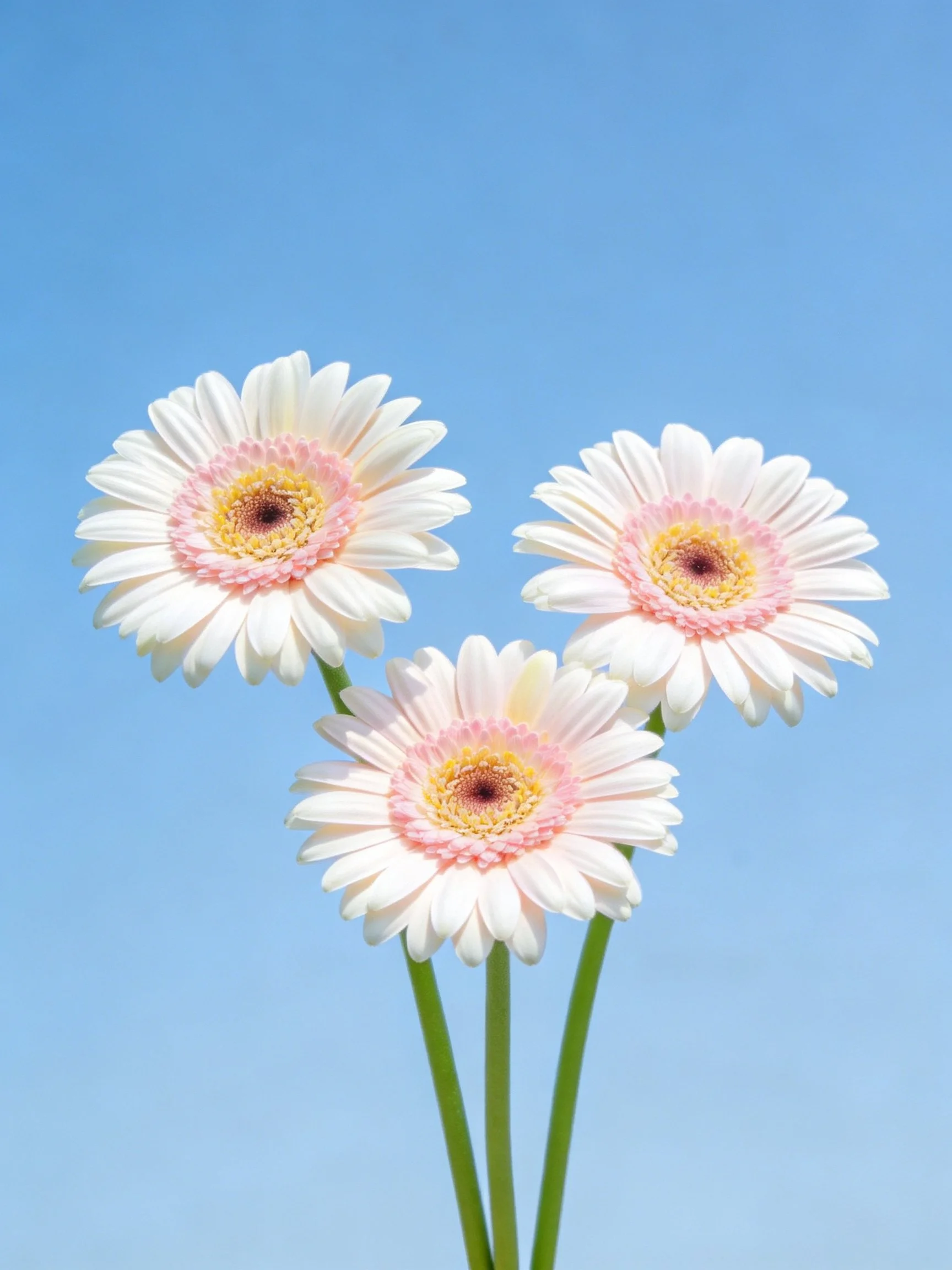 Three Gerbera Daisies with White and Pink Accents Against Blue Sky