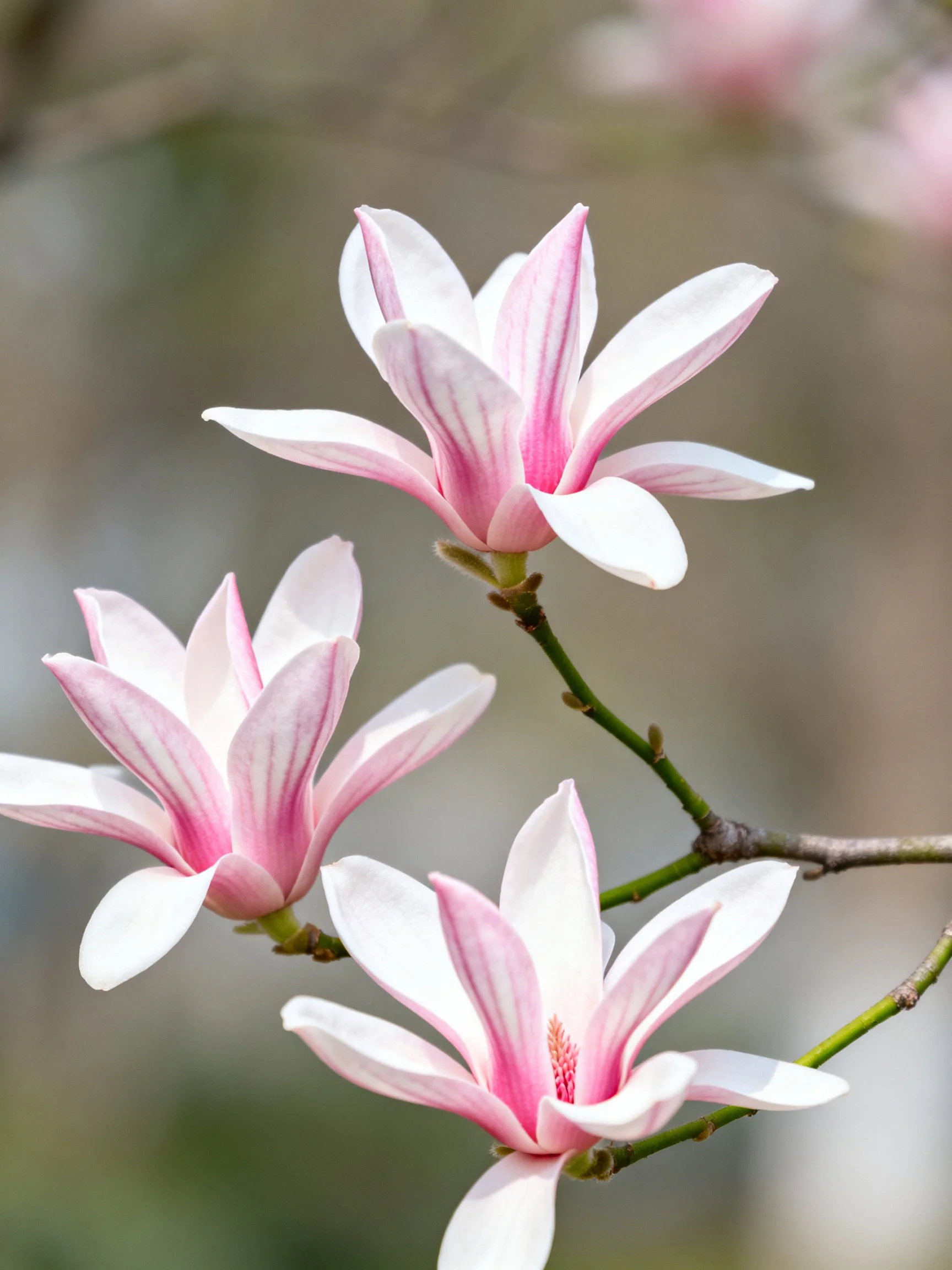 Three Pink and White Magnolia Flowers on a Branch