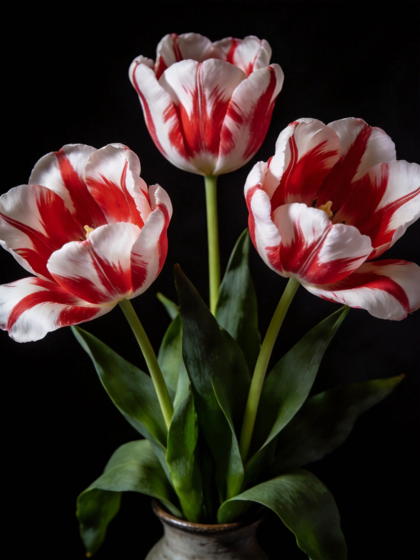 Three Red-and-White Striped Tulips in a Vase