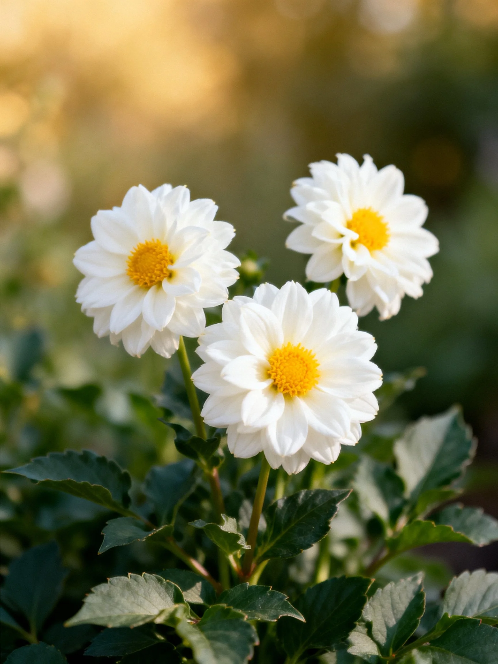 Three White Dahlia Flowers with Yellow Centers