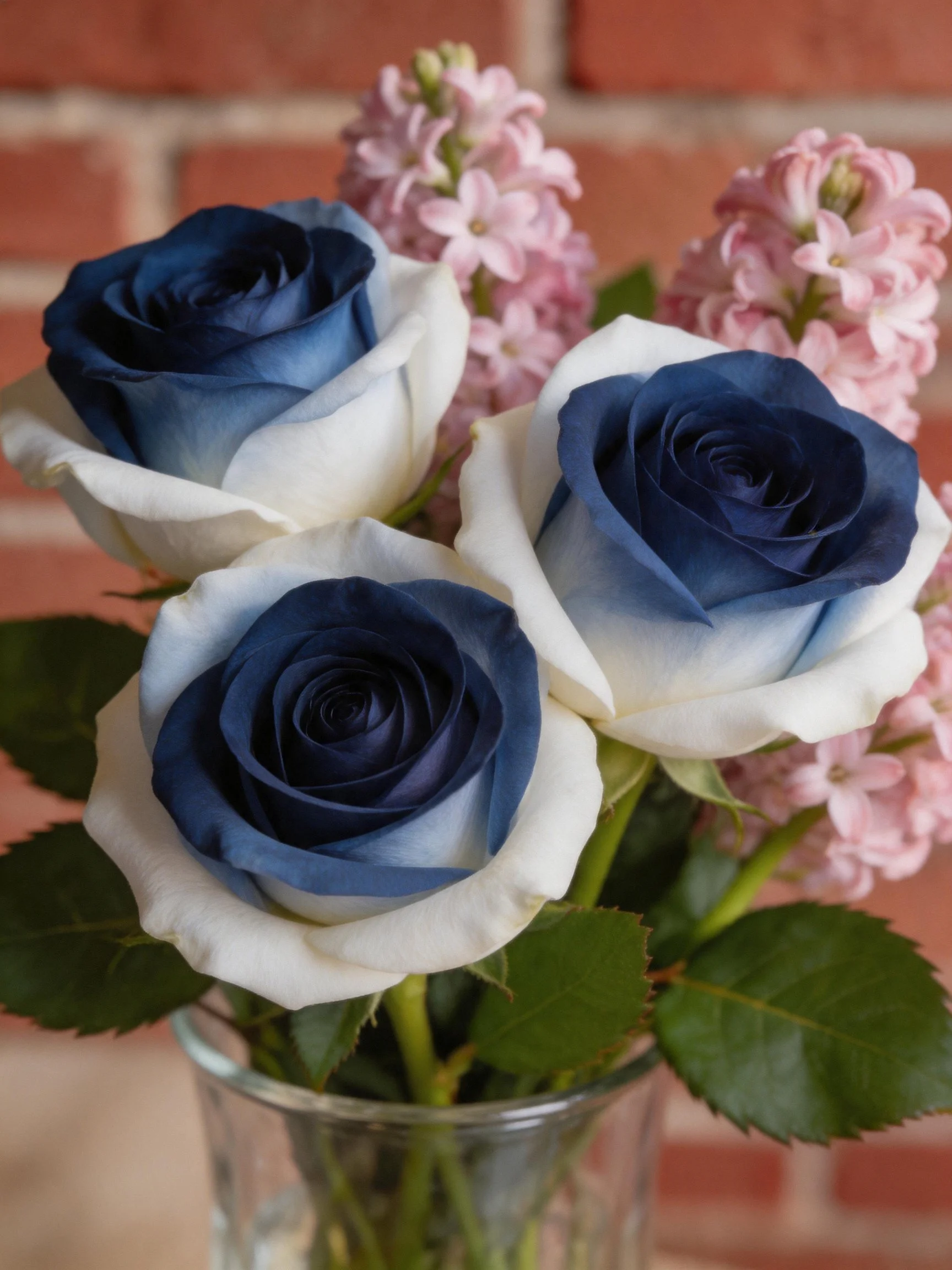 Three blue-and-white roses with pink blooms in a glass vase by a brick wall