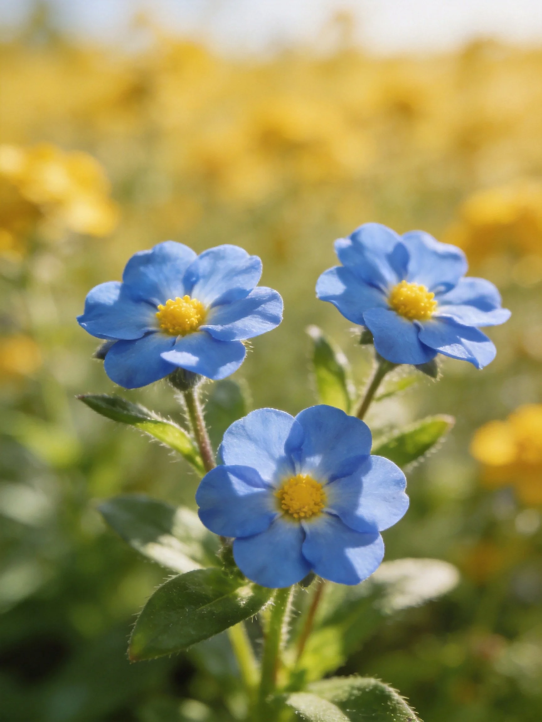 Three blue flowers with yellow centers amid green foliage and golden bokeh