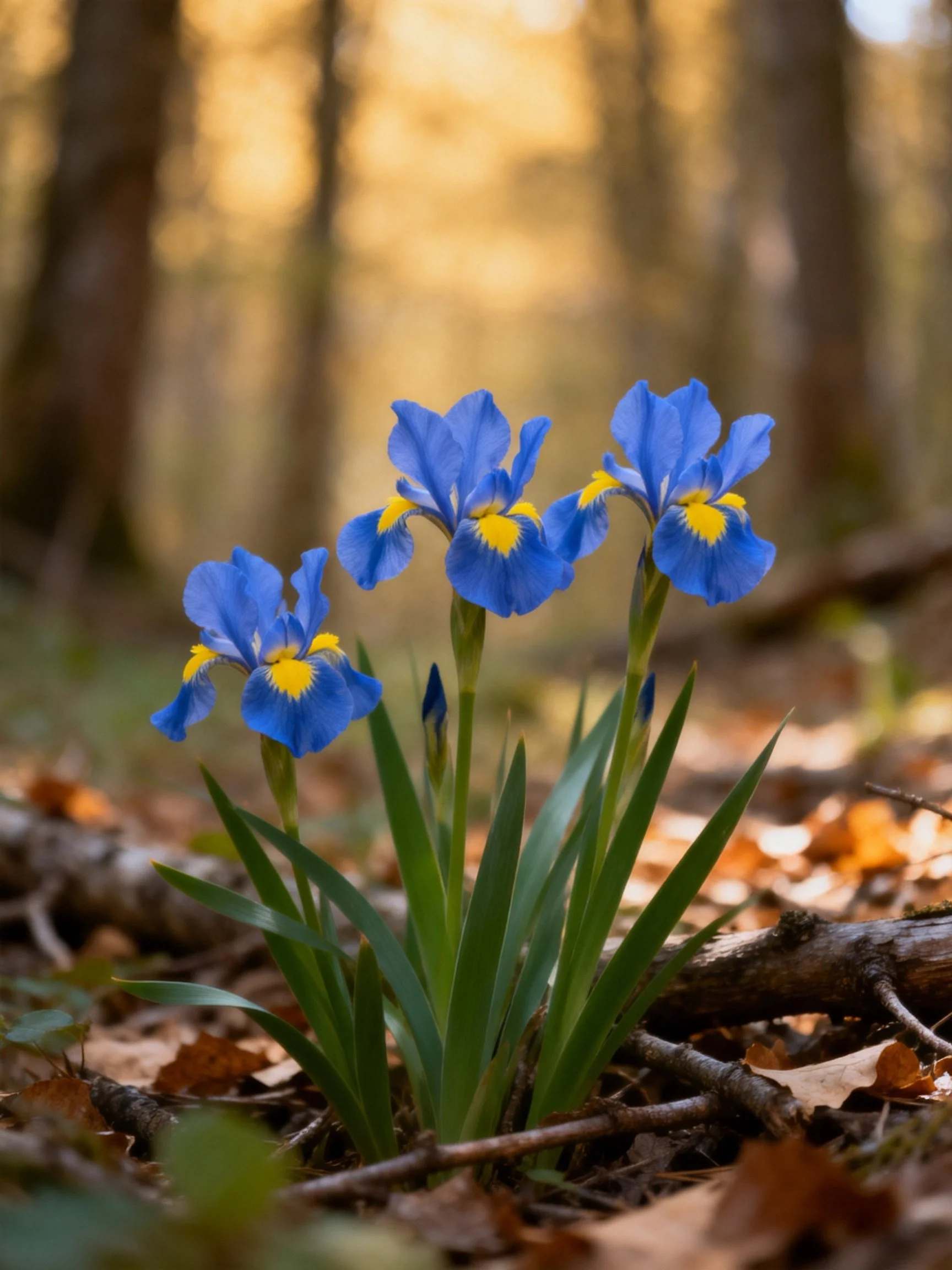 Three blue iris flowers with yellow centers in a sunlit forest