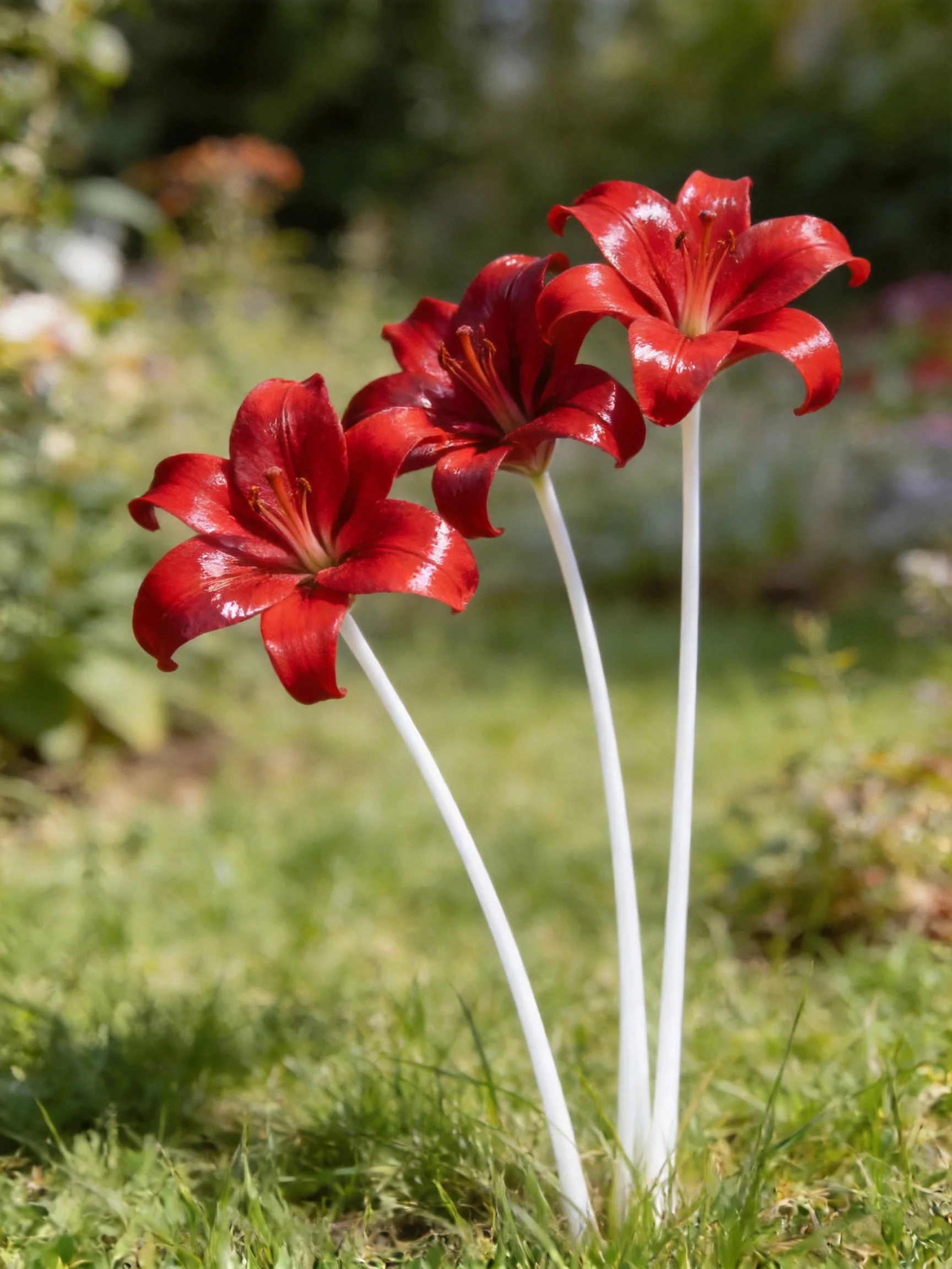 Three bright red flowers with white stems in a garden