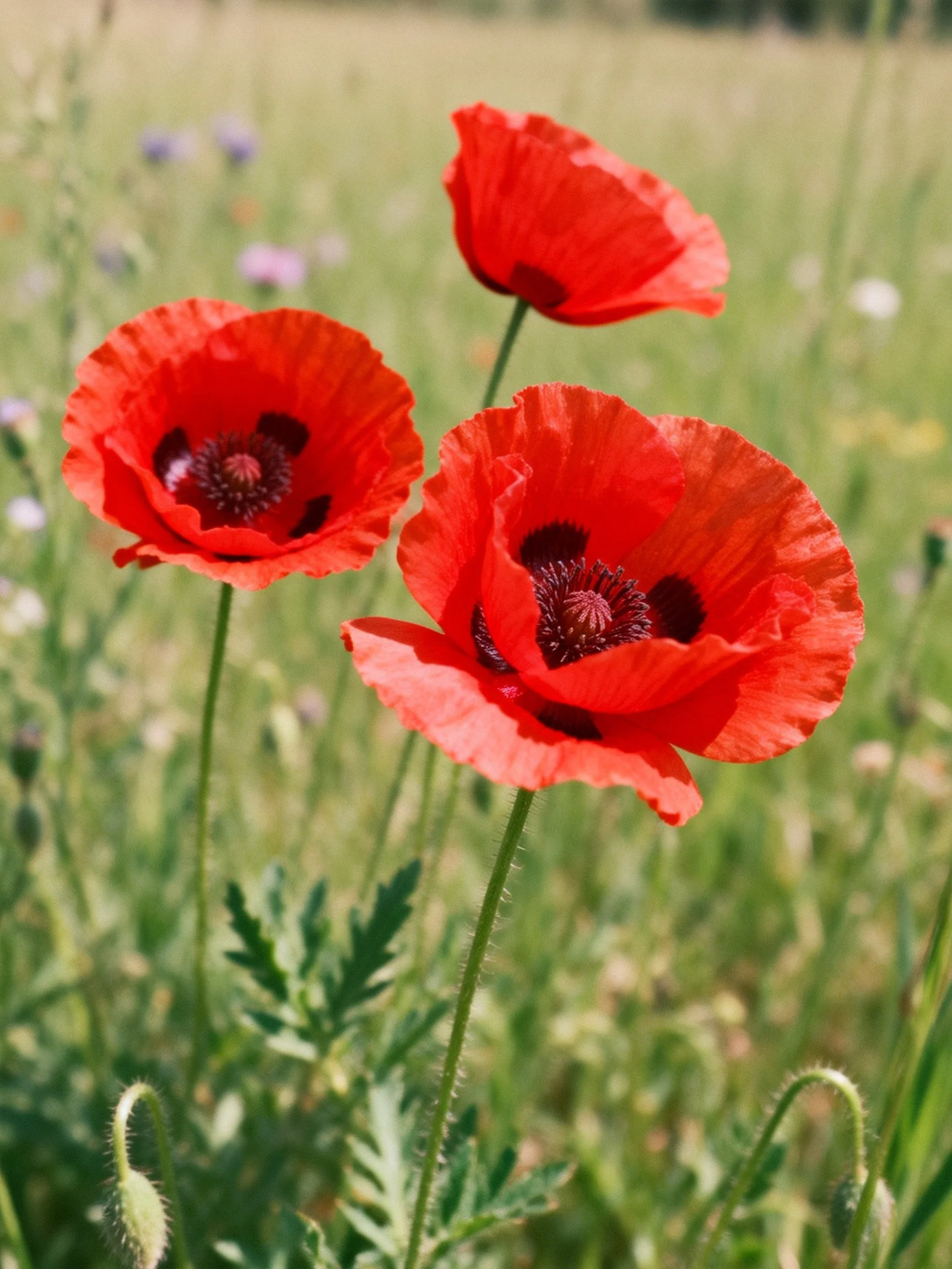 Three bright red poppies bloom in a sunlit meadow