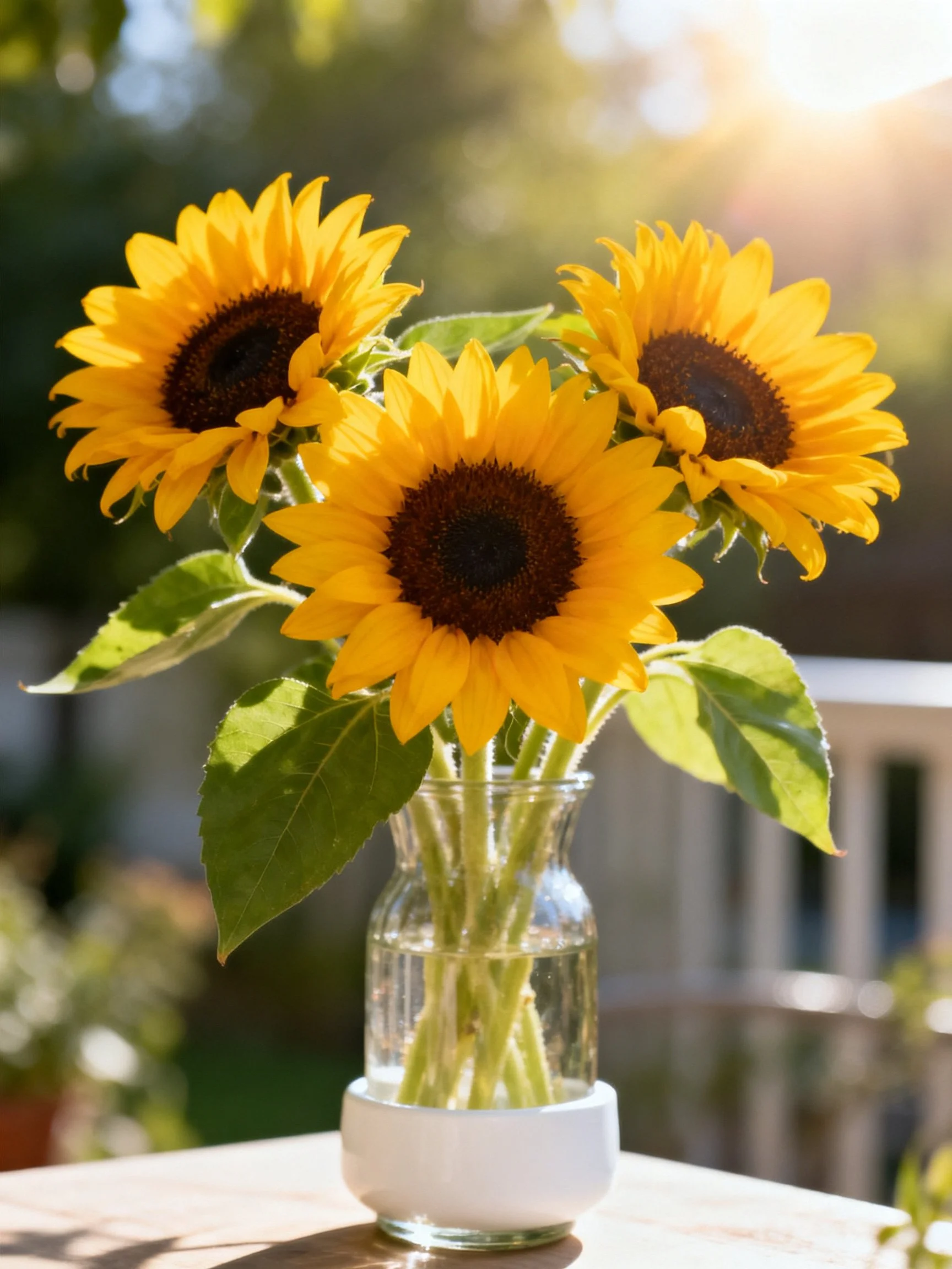 Three bright sunflowers in a glass vase with water