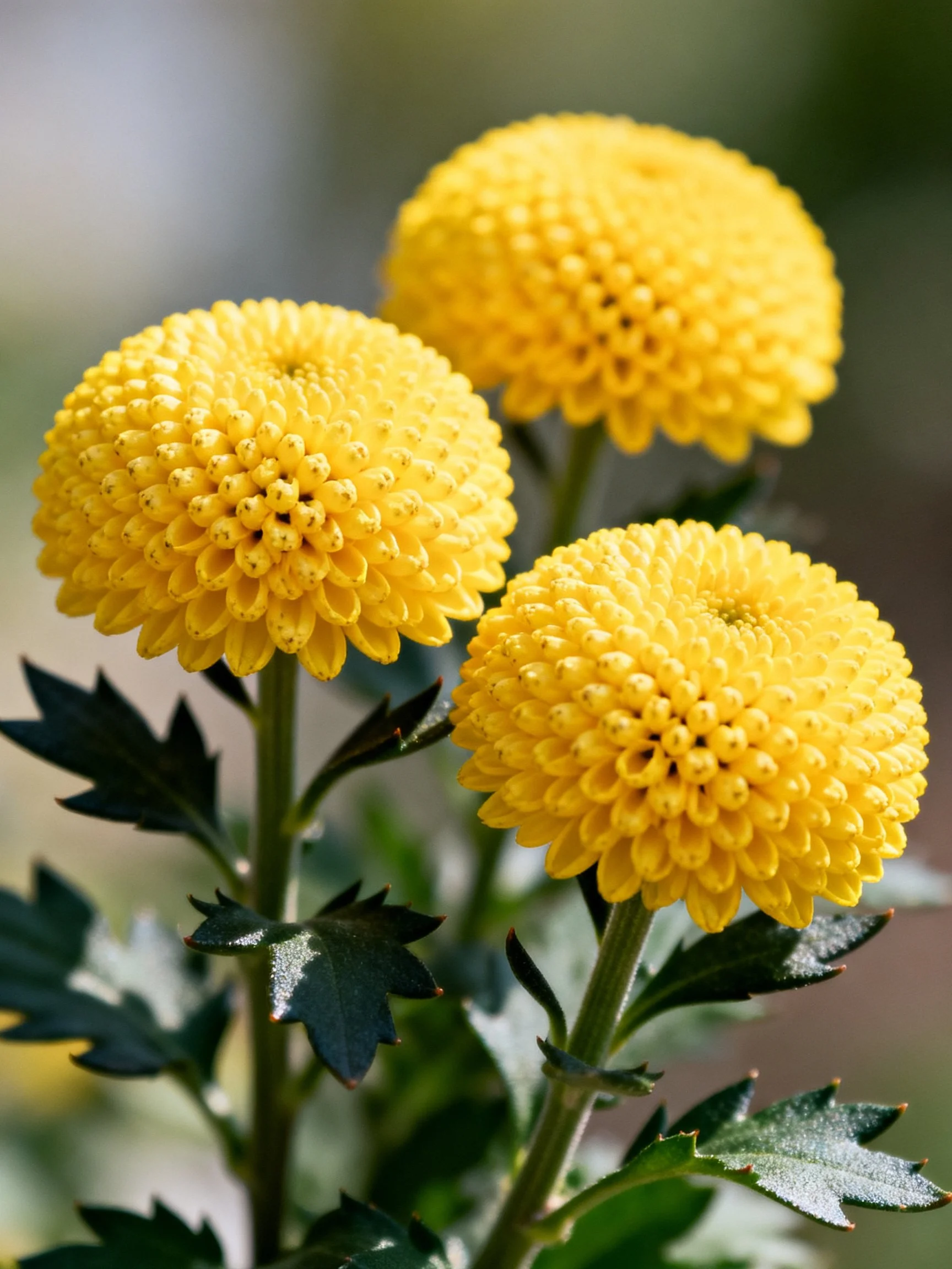Three bright yellow chrysanthemum blooms with dark green foliage