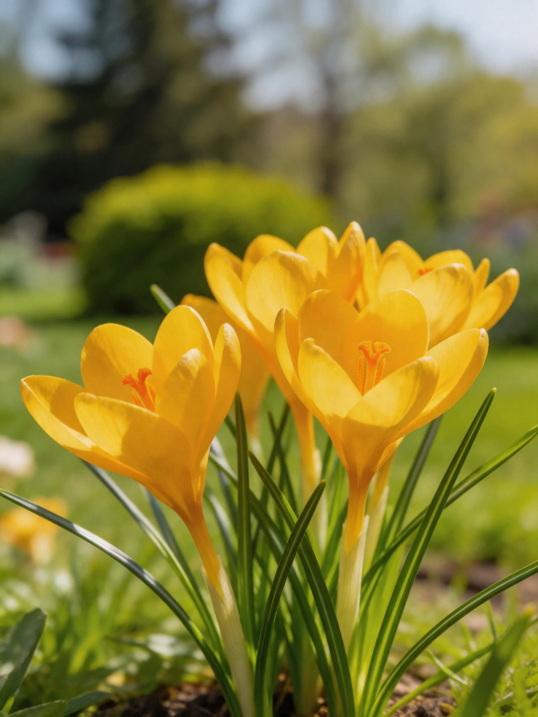 Three bright yellow crocus blooms with green foliage