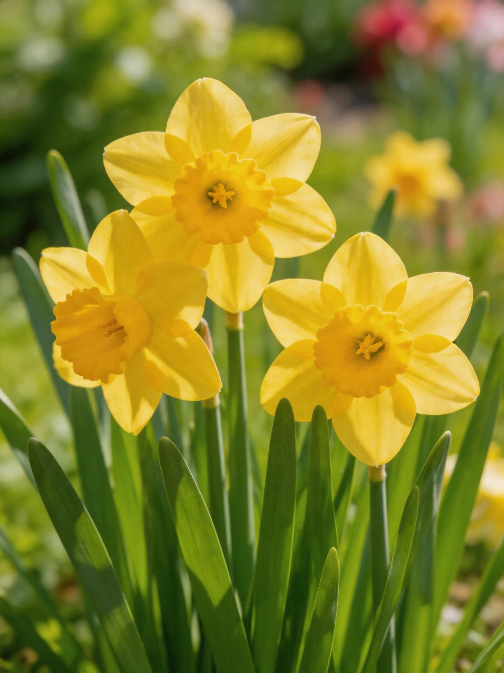 Three bright yellow daffodils with golden centers