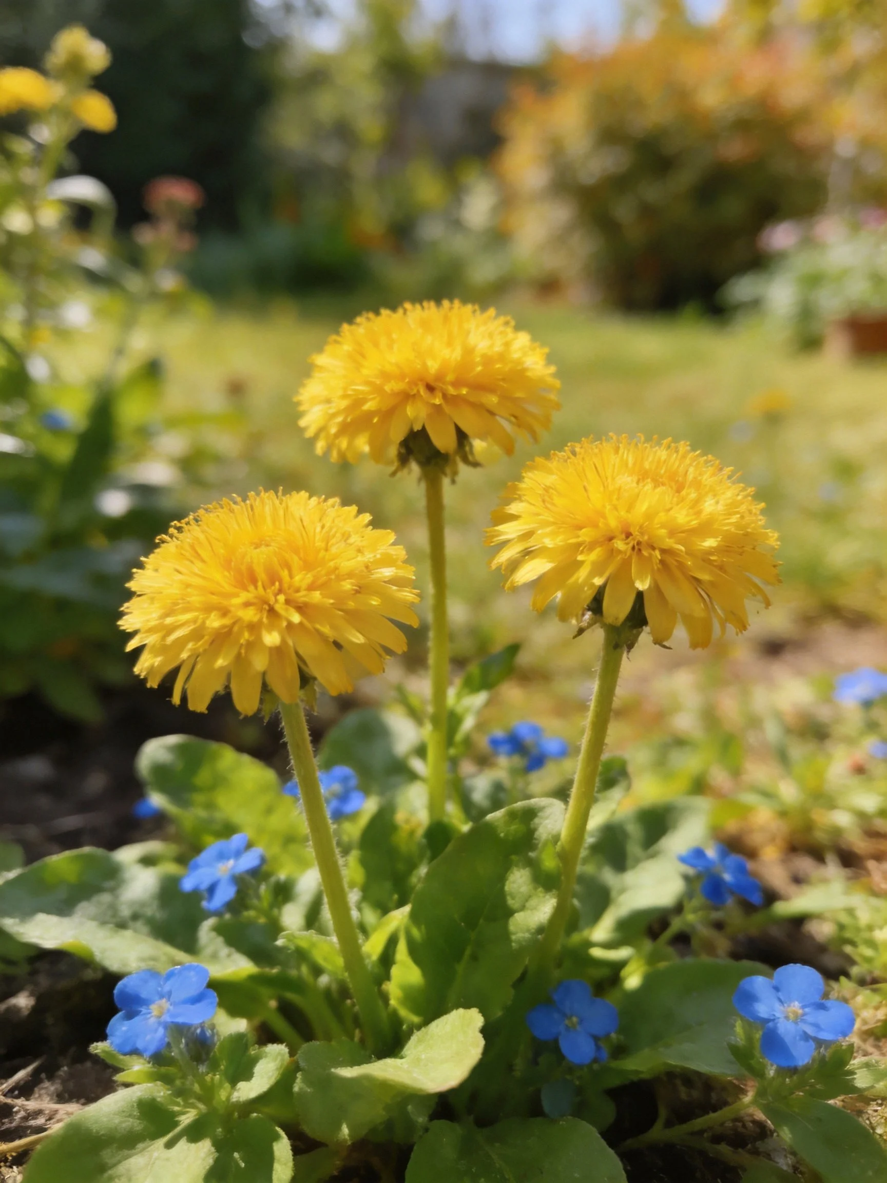 Three bright yellow dandelions with small blue flowers in a sunny garden